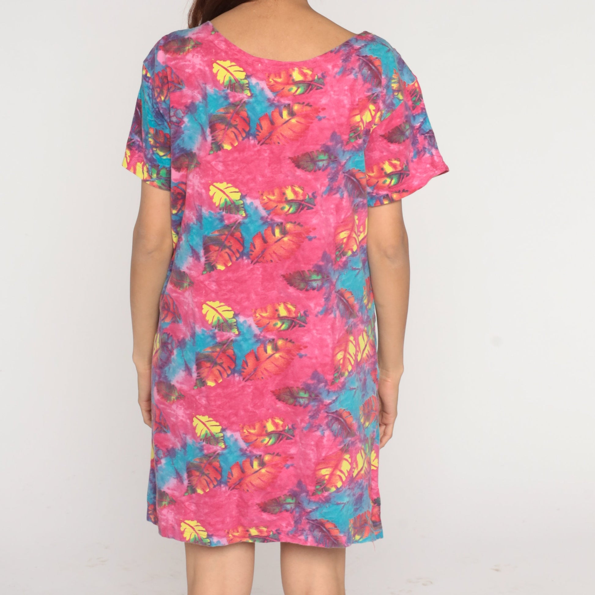 Y2K Tie Dye Leaf Print T-Shirt Dress Pink Blue Mini Short Sleeve Medium M