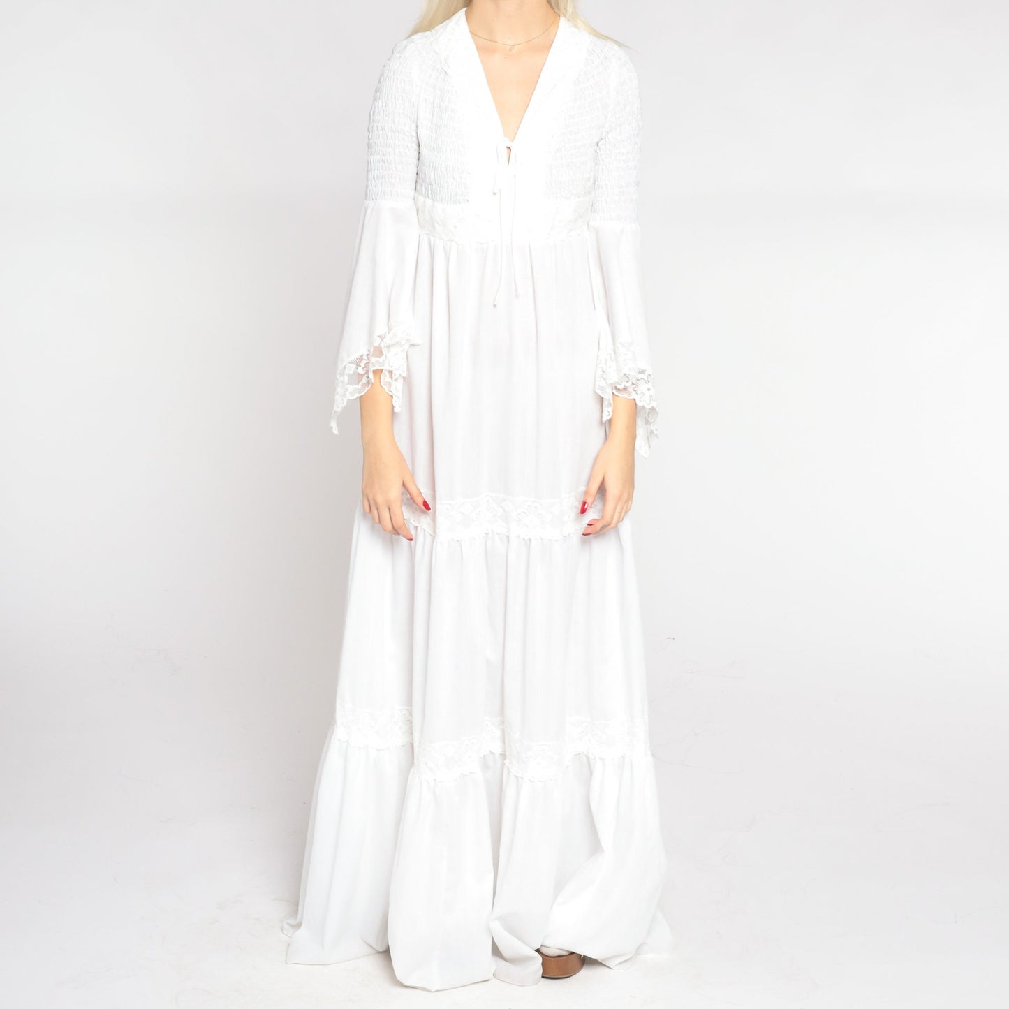 70s White Maxi Dress Angel Bell Sleeve V Neck Empire Waist Smocked Small