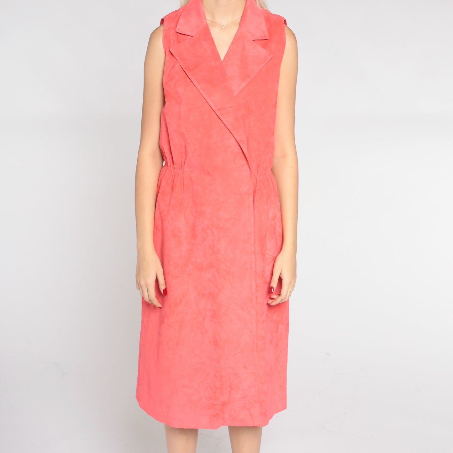 80s Salmon Pink Faux Suede Midi Dress Collared V-Neck Wrap High Waist Medium Large