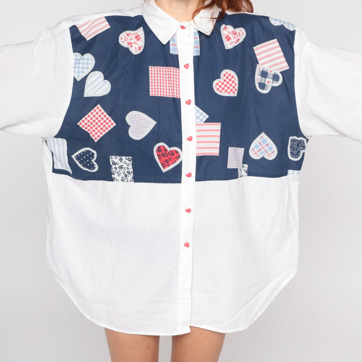 80s Heart Print Button Up Blouse Blue White 3/4 Sleeve Plus Size XXL