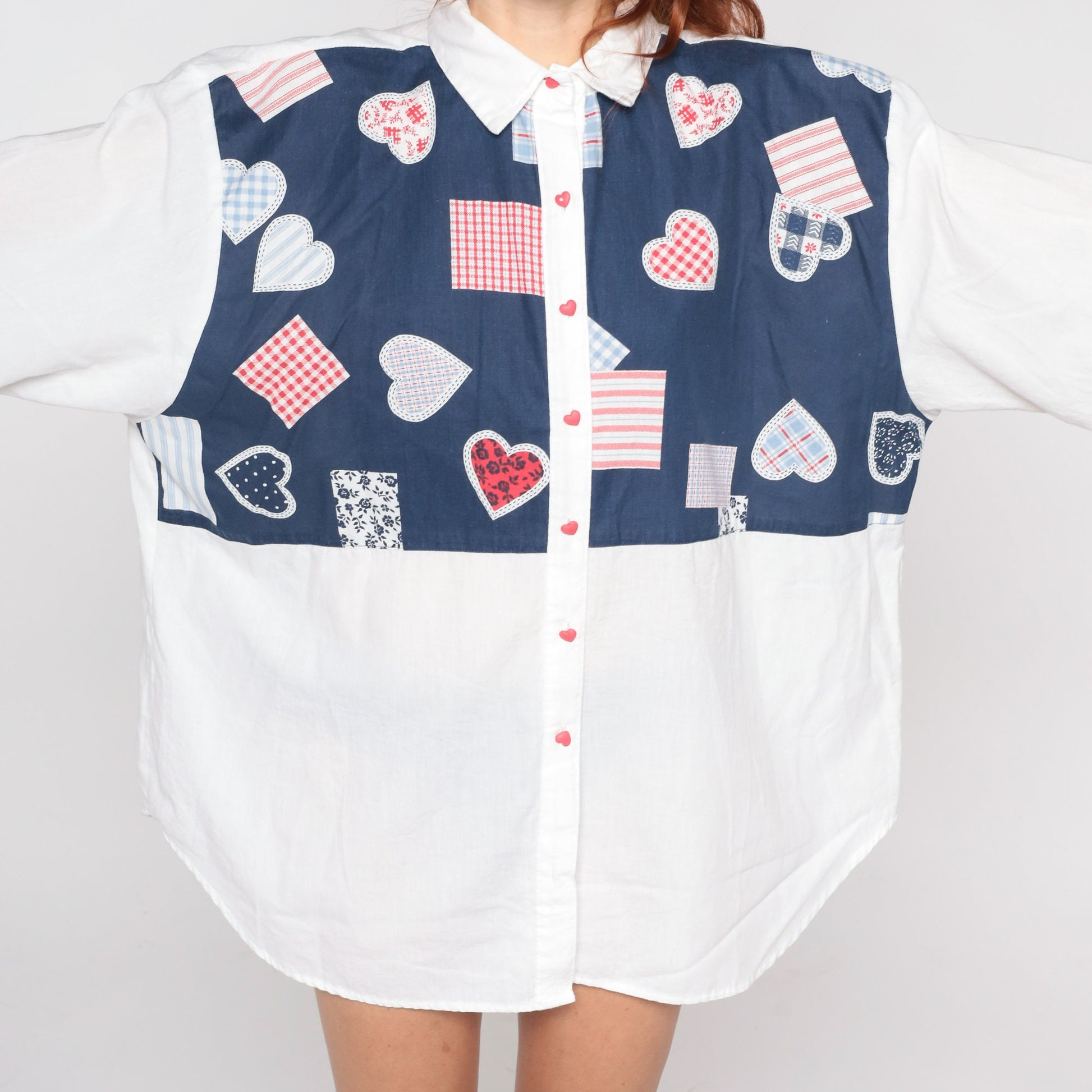 80s Heart Print Button Up Blouse Blue White 3/4 Sleeve Plus Size XXL