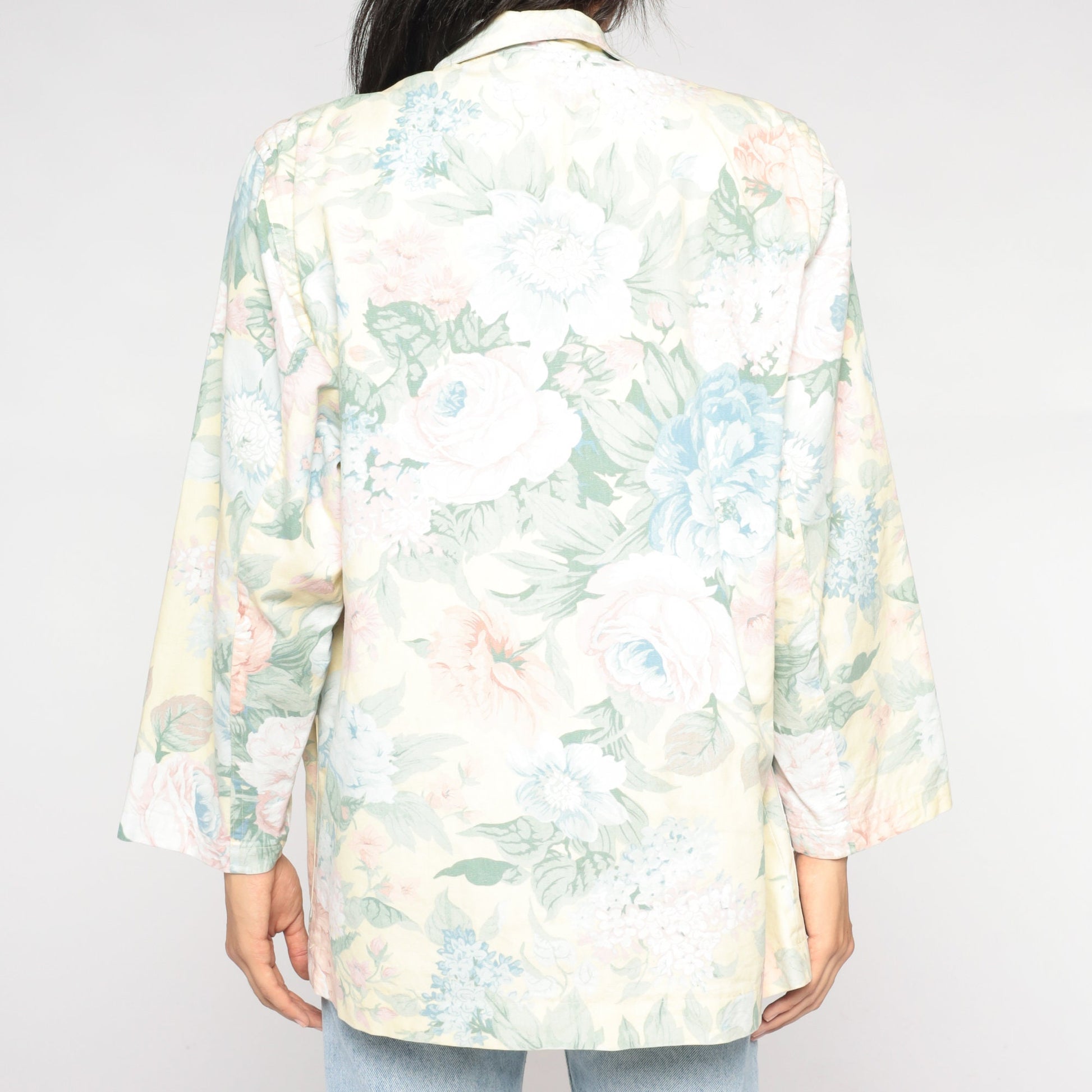 90s Floral Blazer Yellow Pastel Flower Print Single Button Jacket Large