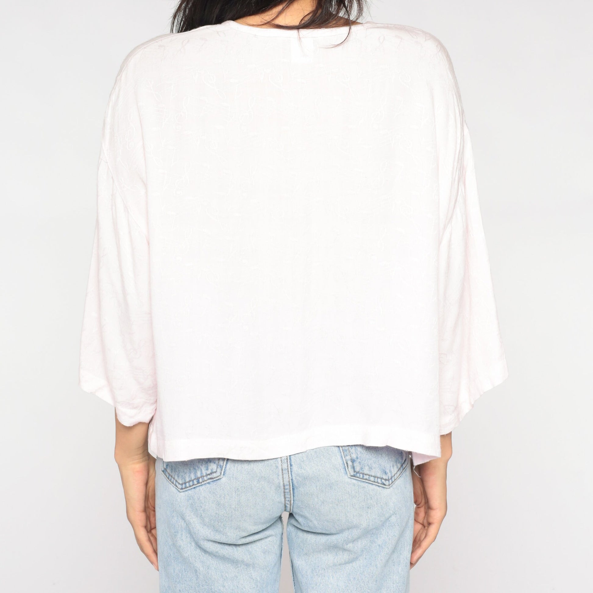90s Music Note Sheet Print Pink Dolman Sleeve Henley Blouse Large L