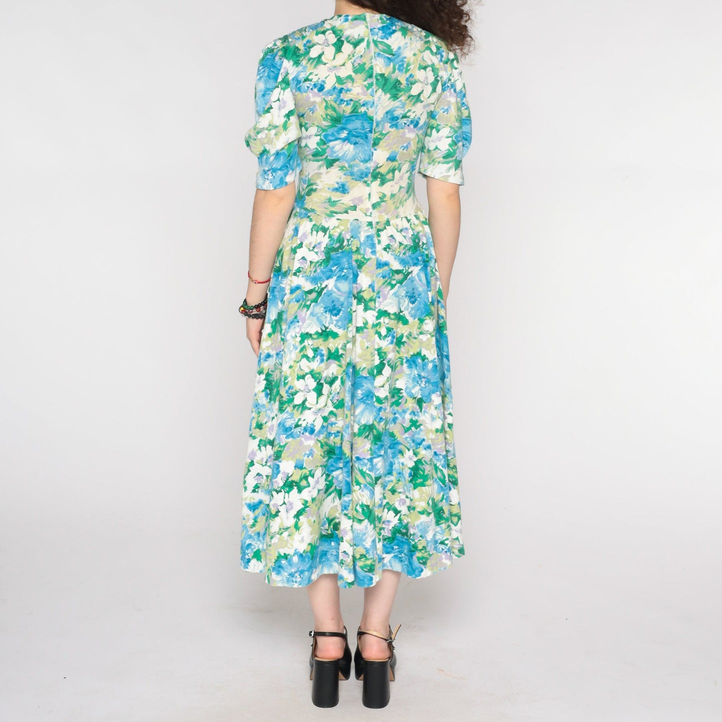 80s Floral Midi Dress Puff Sleeve Blue Green Watercolor Print Small Medium