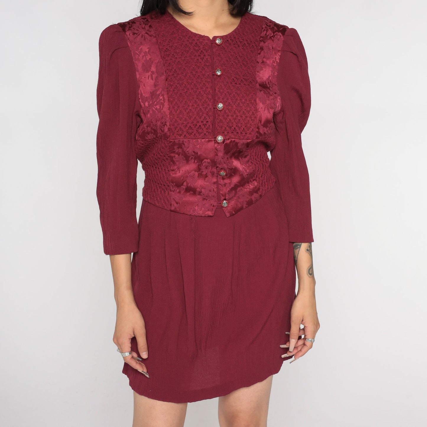 90s Burgundy Brocade Floral Mini Dress Puff Sleeve Button Front Medium M