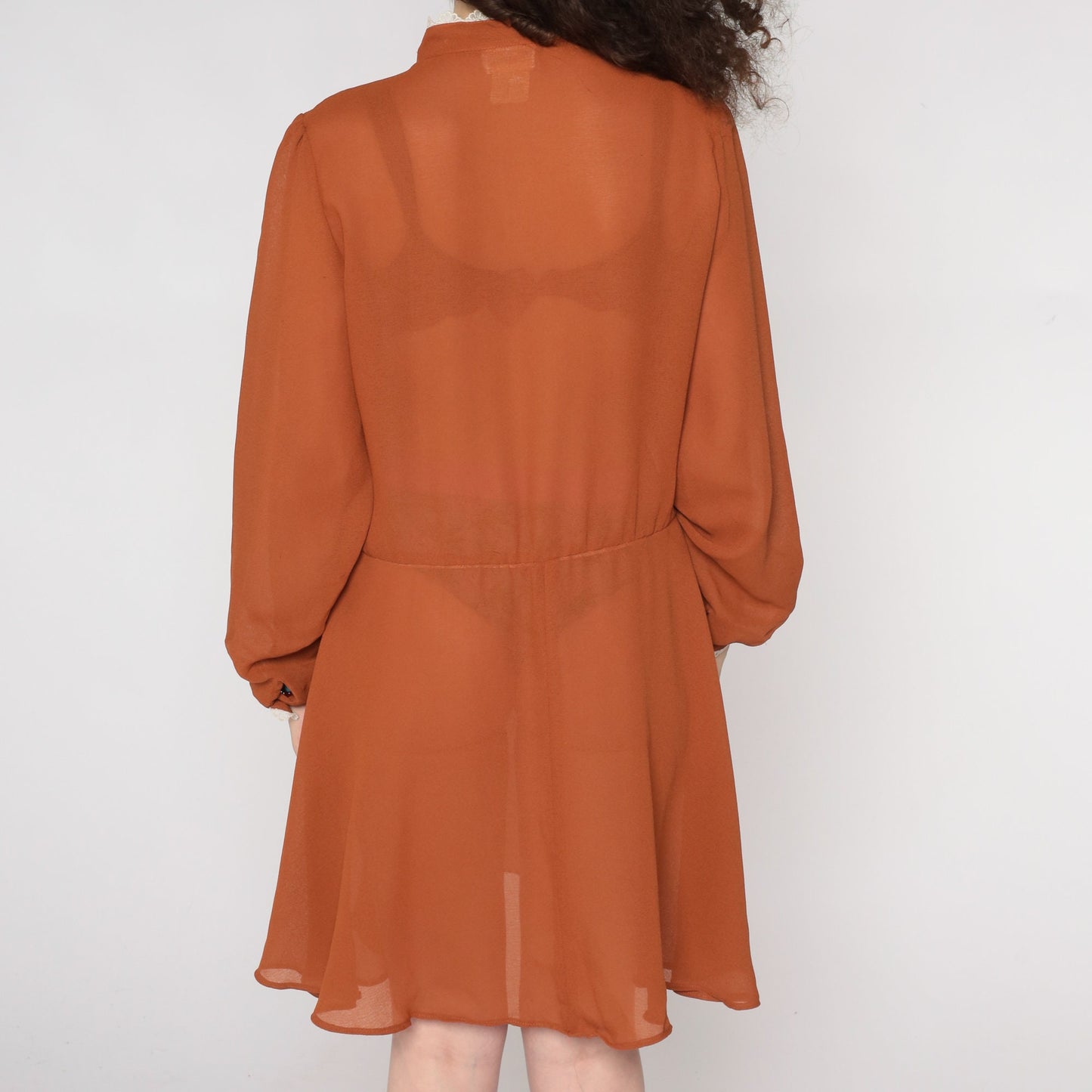 70s Brown Lace Bib Mini Dress Button-Up Long Sleeve Medium