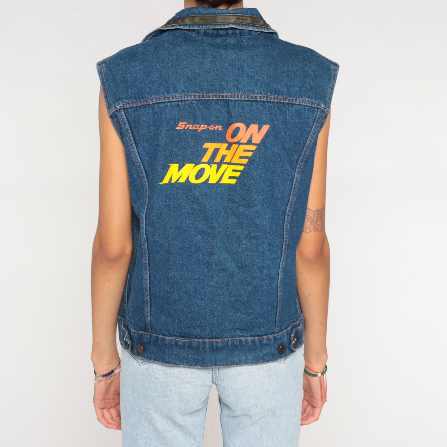 90s Snap-On Tools Denim Vest Blue Leather Trim Button-Up Sleeveless Medium