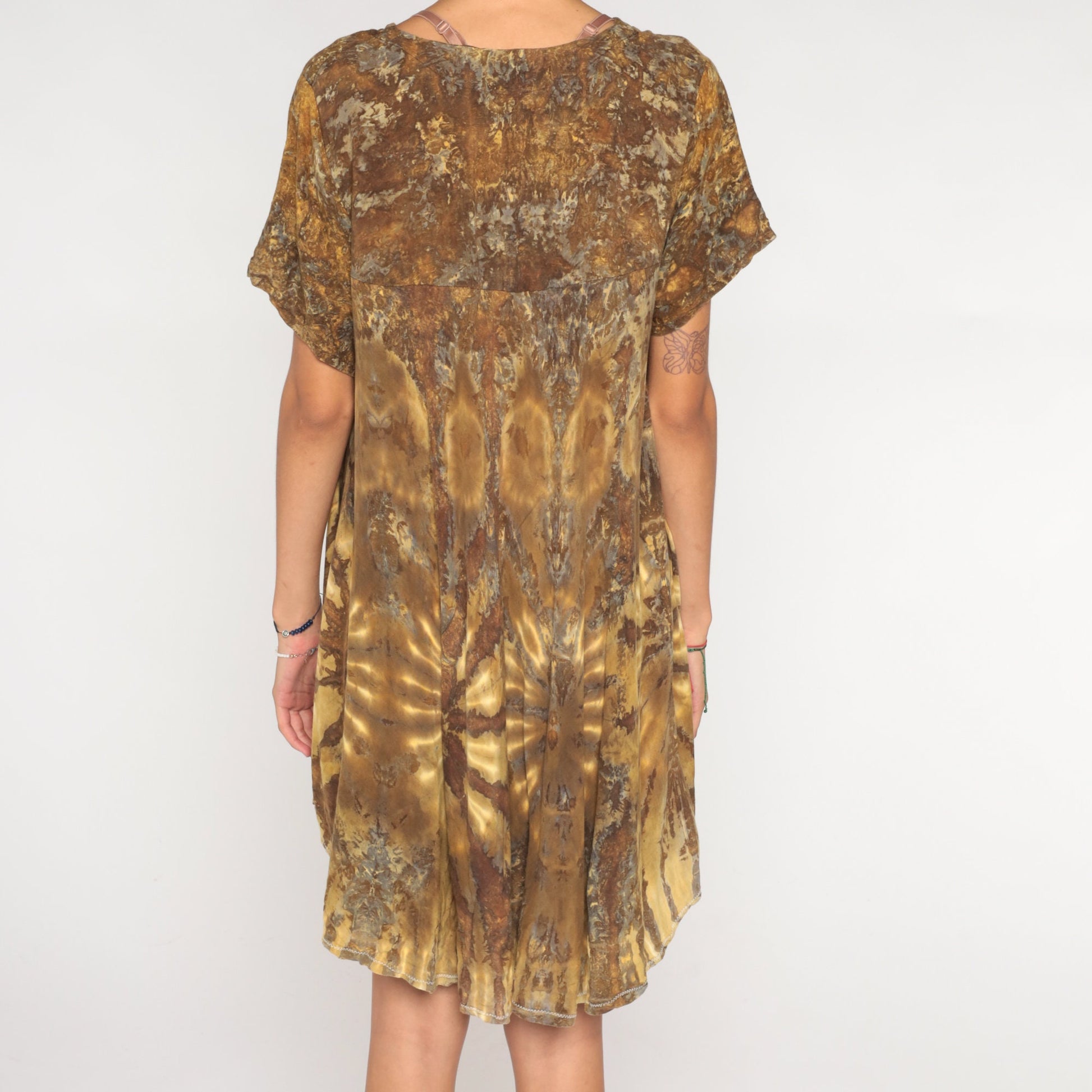 90s Tie Dye Mini Dress Brown Tent Cut Empire Waist Rayon Large
