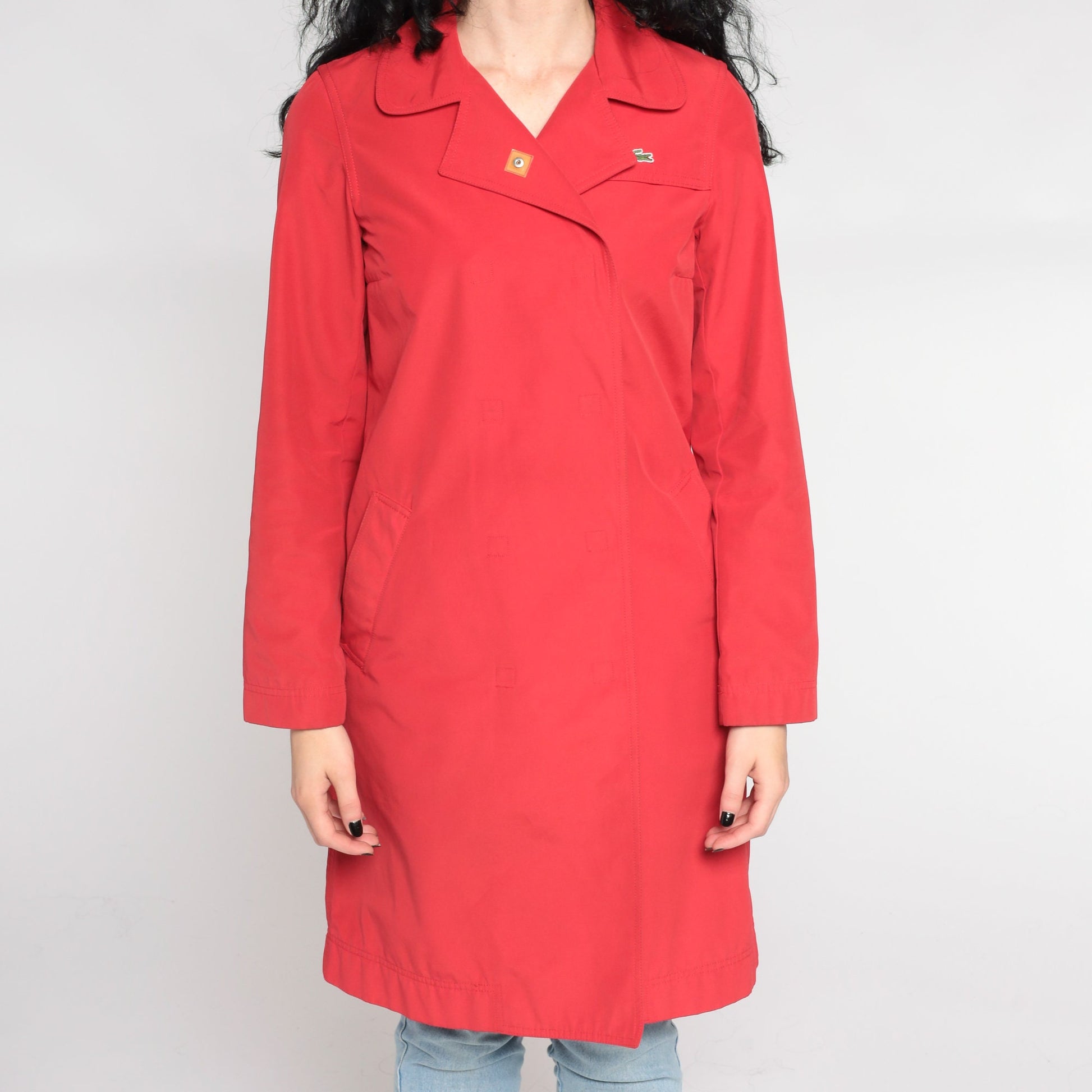 00s Lacoste Red Nylon Trench Coat Knee Length Extra Small