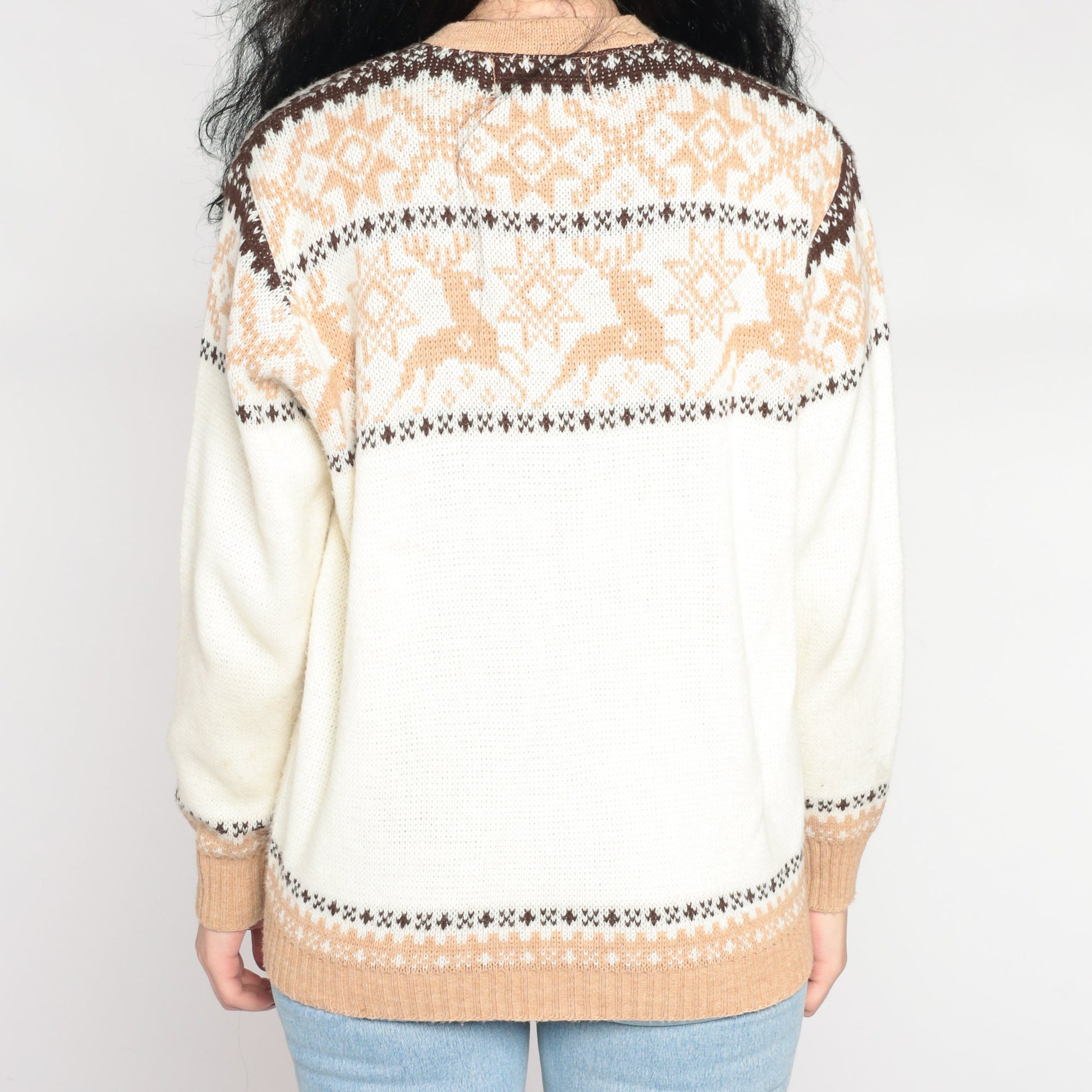70s White Reindeer Fair Isle Cardigan Sweater Nordic Snowflake Button-Up Medium