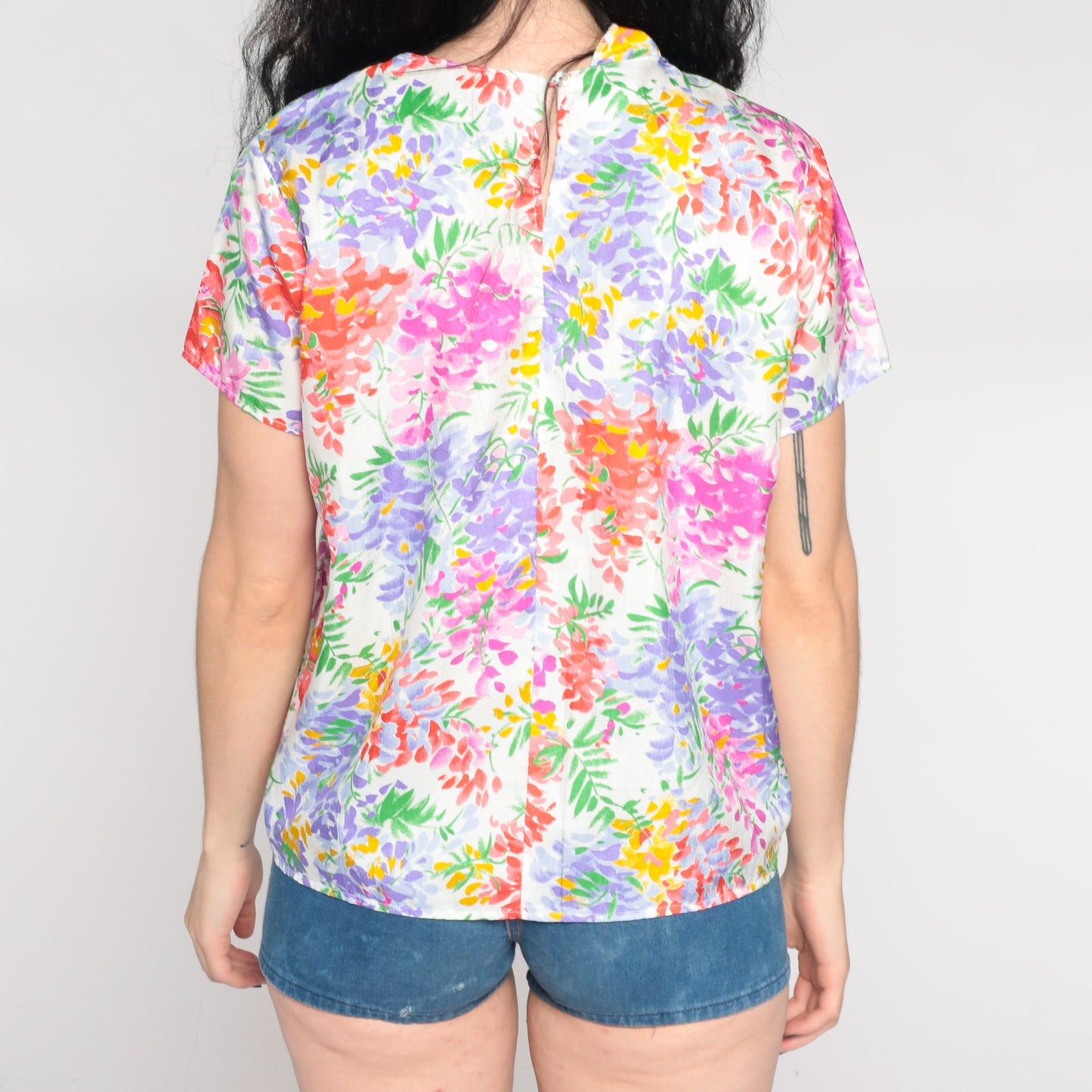 90s White Floral Pullover Blouse Short Sleeve Botanical Print Large L