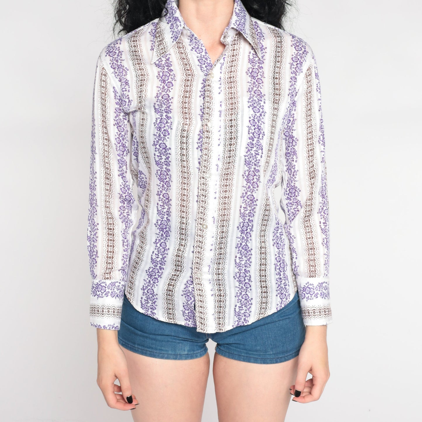 70s Striped Floral Dagger Collar Button-Up Shirt White Purple Small