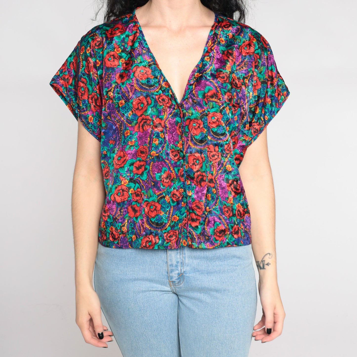 90s Embossed Paisley Floral Satin Pajama Top Button-Up Sleep Shirt Large L