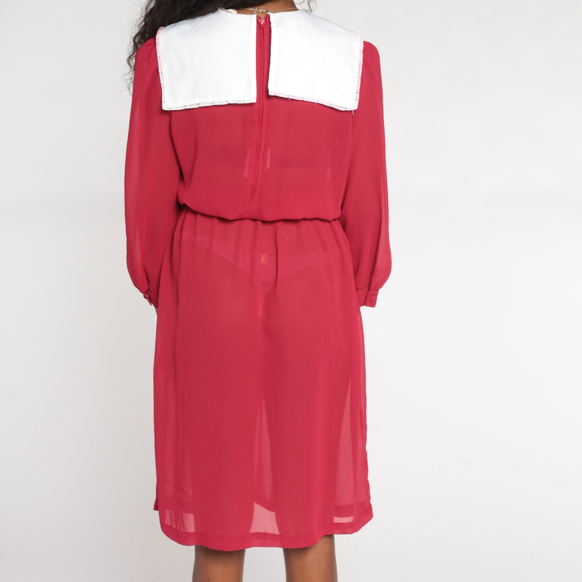 80s Red Sheer Midi Dress White Floral Embroidered Bib Puff Sleeve Small Medium