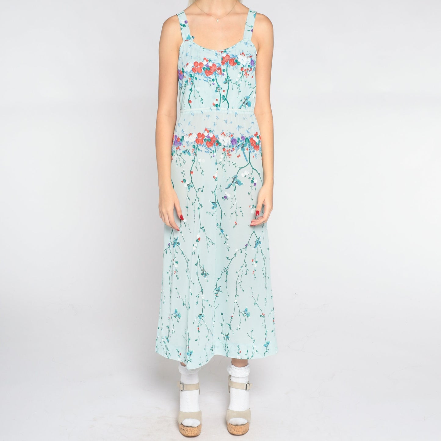 70s Baby Blue Floral Midi Dress Asian Inspired Bird Branch Print Sleeveless Small
