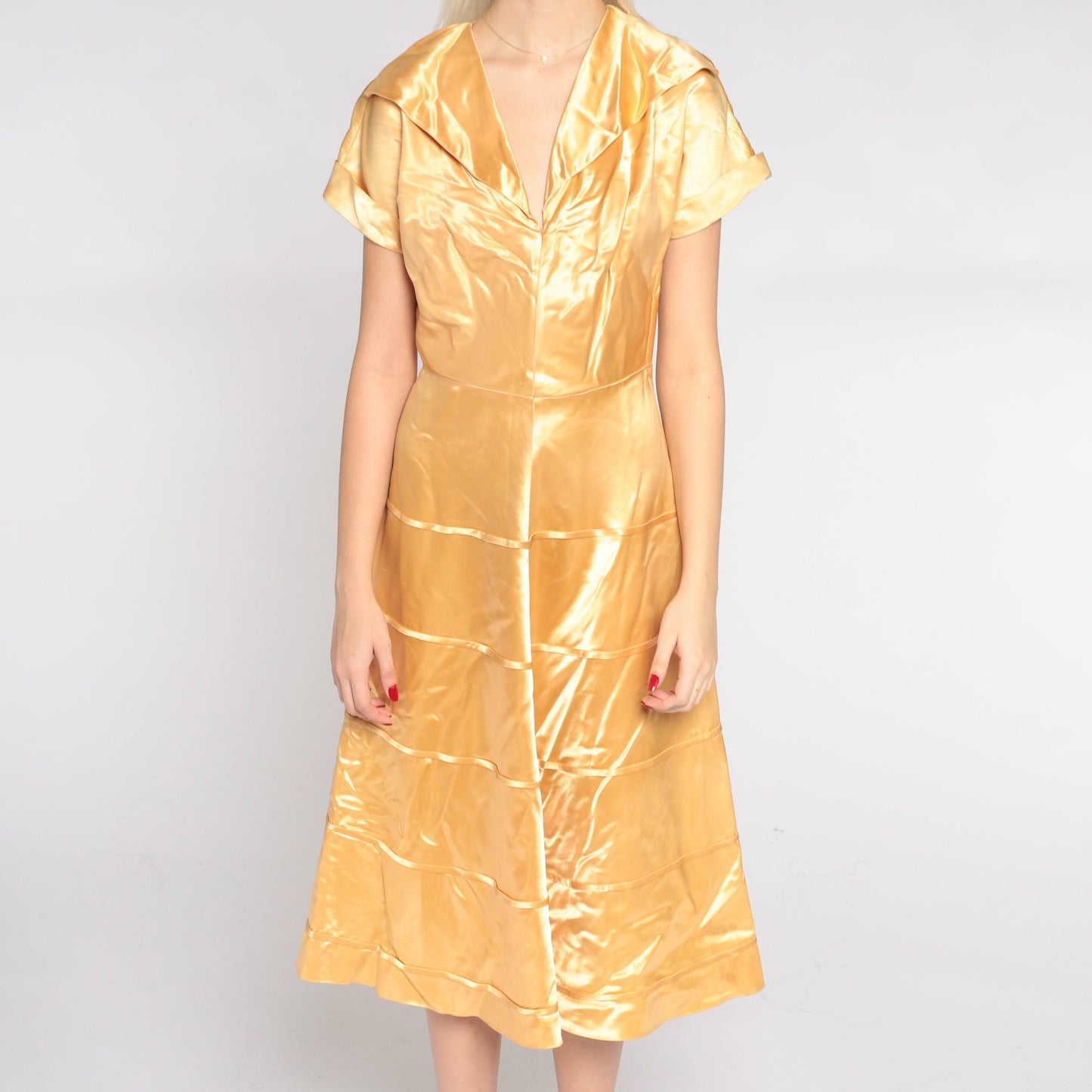 1940s Gold Silk Satin Midi Dress V-Neck Collared Short Sleeve Small S