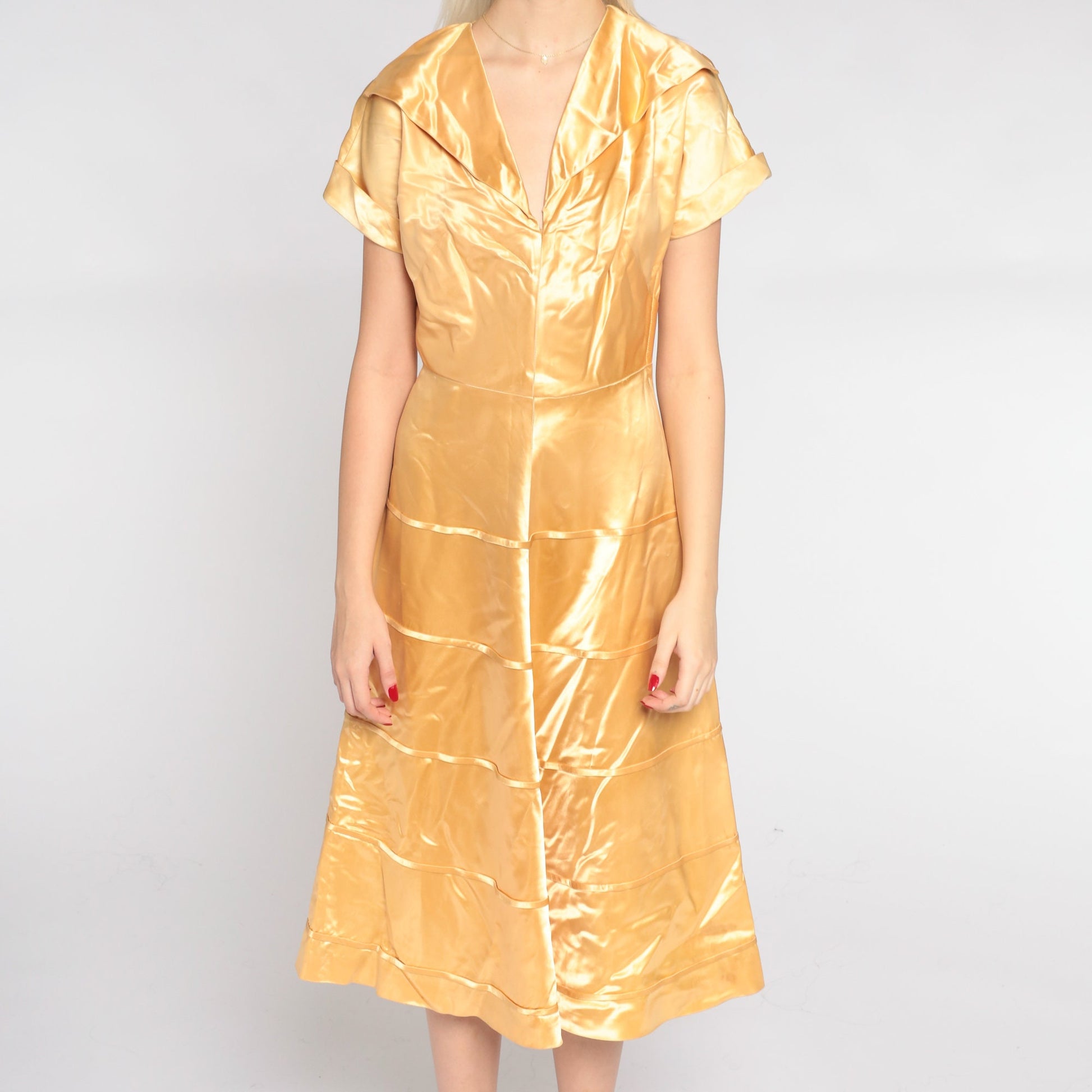 1940s Gold Silk Satin Midi Dress V-Neck Collared Short Sleeve Small S