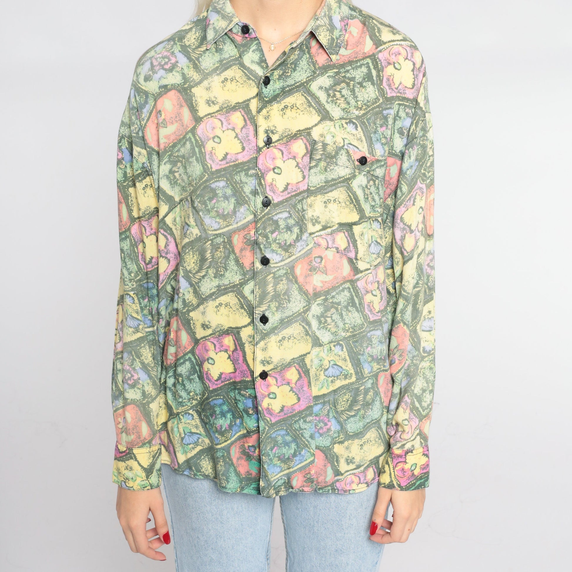 90s Abstract Floral Button-Up Shirt Long Sleeve Collared Green Yellow Pink Medium