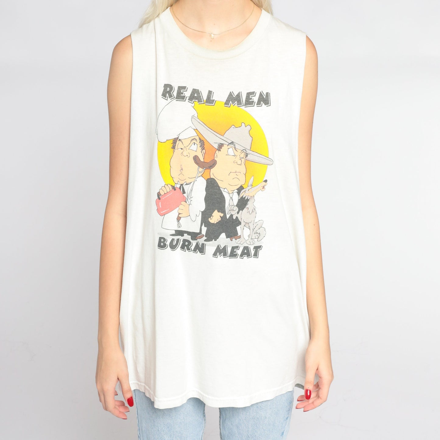 00s Real Men Burn Meat Graphic Tank Top White Cowboy Chef XXL