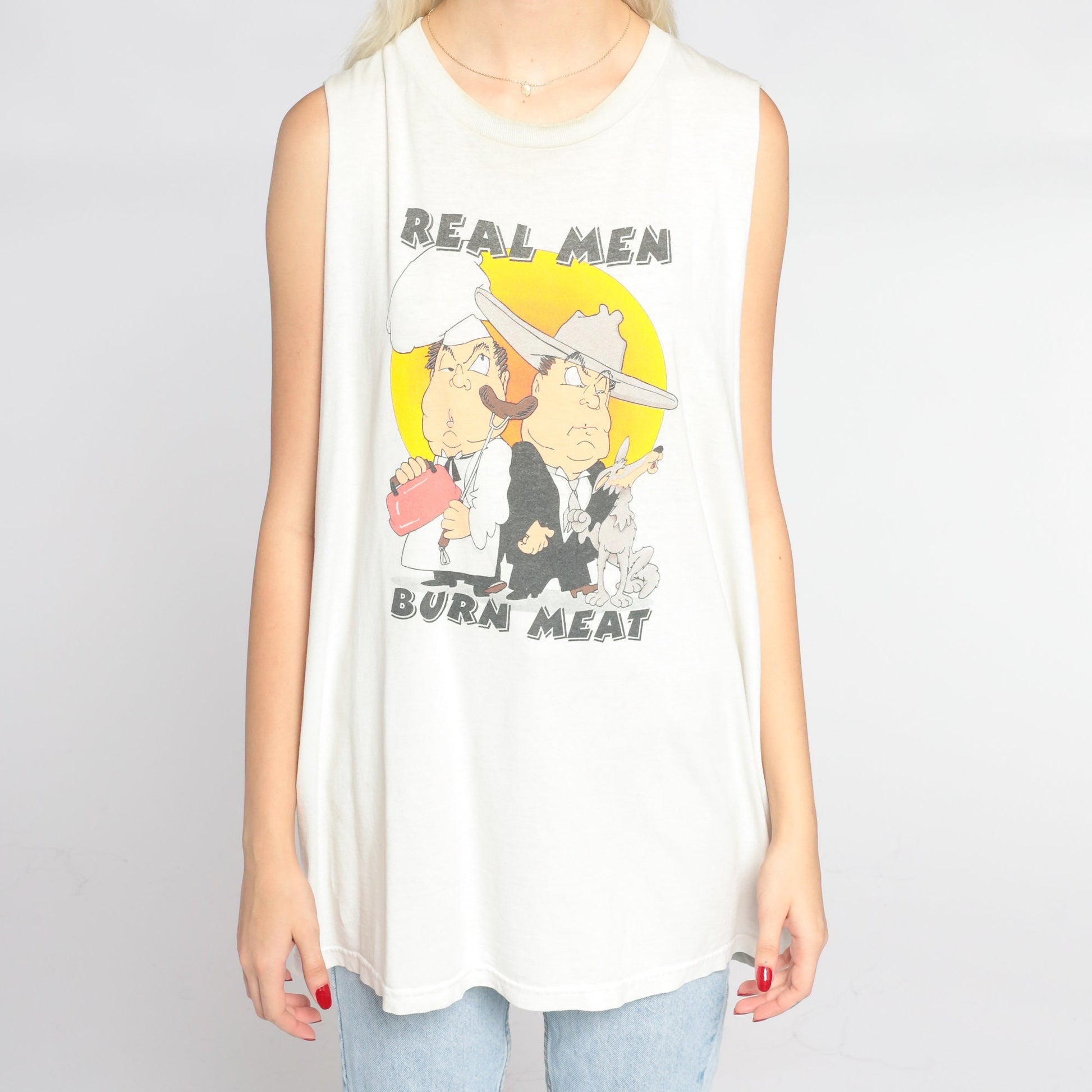 00s Real Men Burn Meat Graphic Tank Top White Cowboy Chef XXL