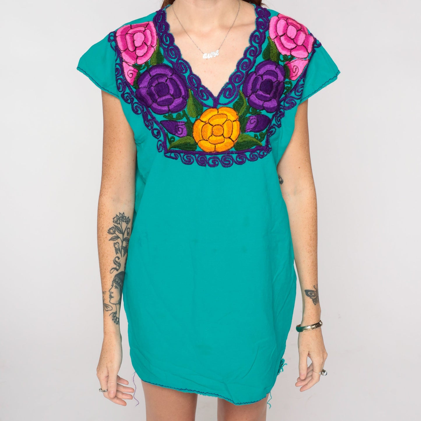 Mexican Embroidered Floral Blouse Teal Green Tunic V-Neck Cap Sleeve Small Medium