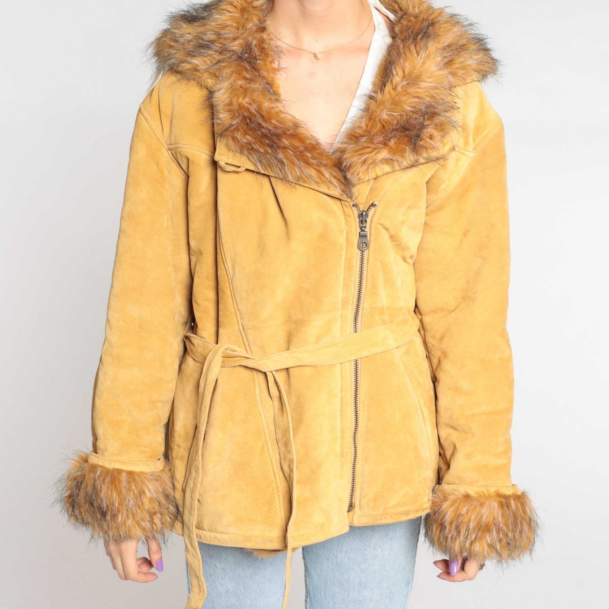 70s Suede Hooded Jacket Faux Fur Trim Belted Tan Leather Large L