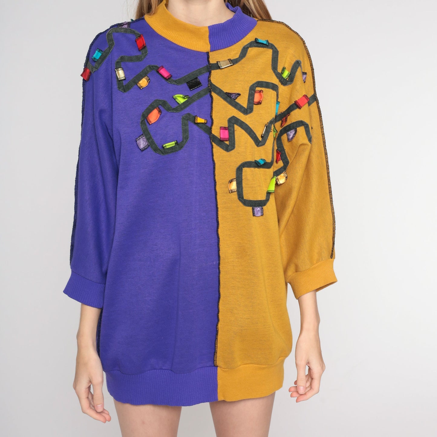 80s Color Block Sweatshirt Purple Mustard Crewneck Pullover Medium M