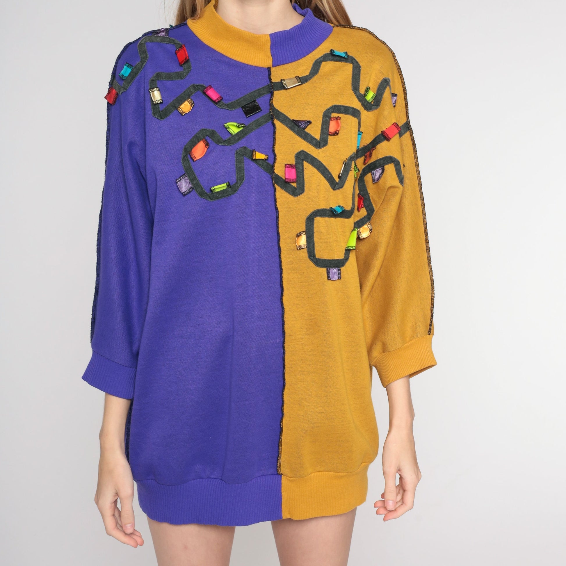 80s Color Block Sweatshirt Purple Mustard Crewneck Pullover Medium M