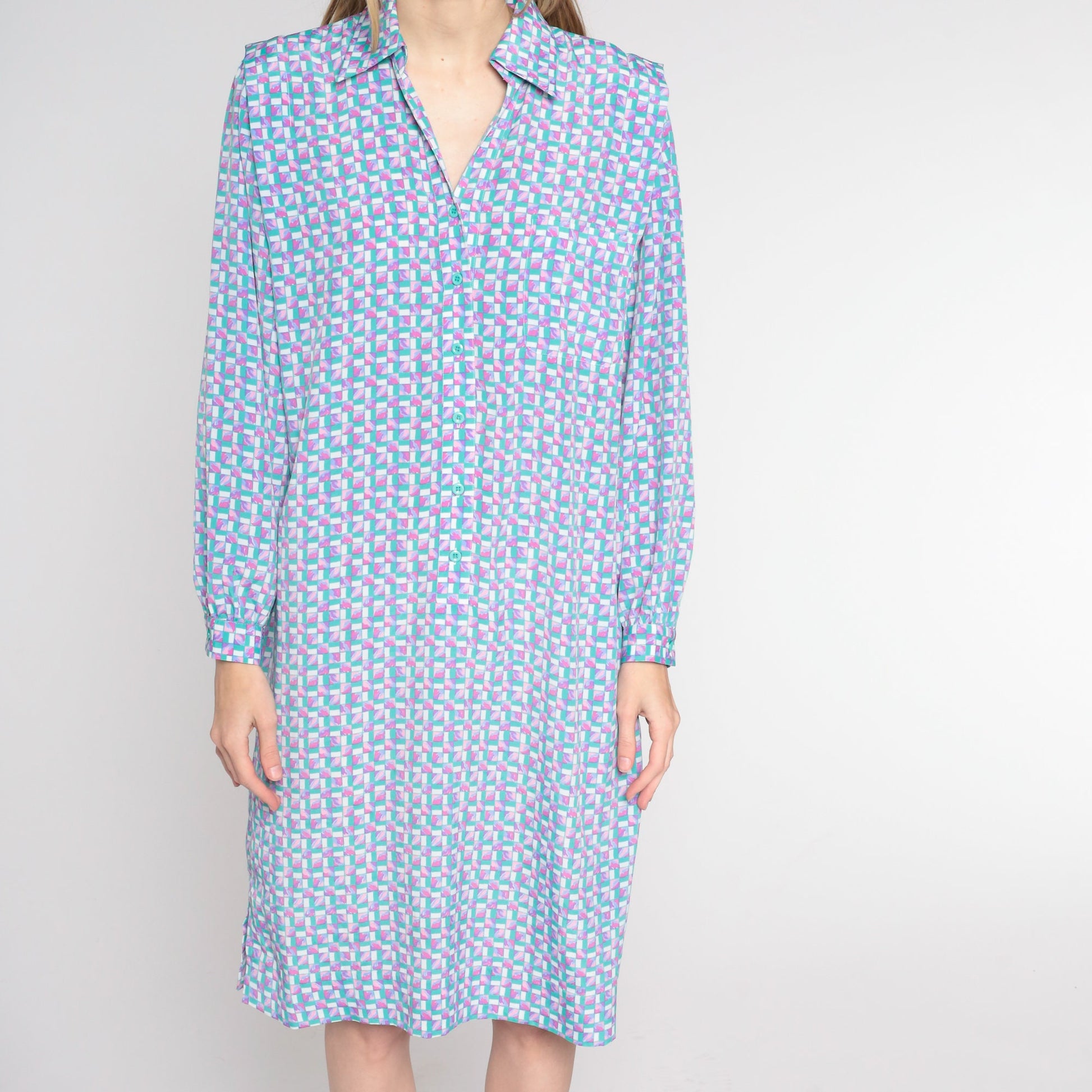 90s Checkered Button-Up Shirtdress Green Pink Knee Length Large