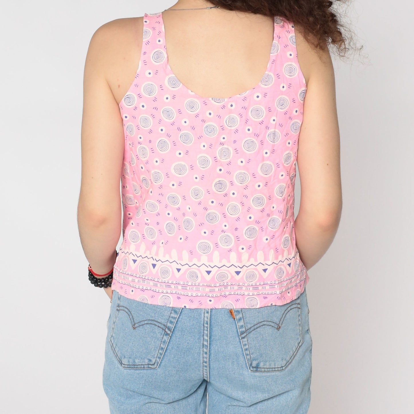 90s Pink Geometric Swirl Tank Top Scoop Neck Graphic Sleeveless Small