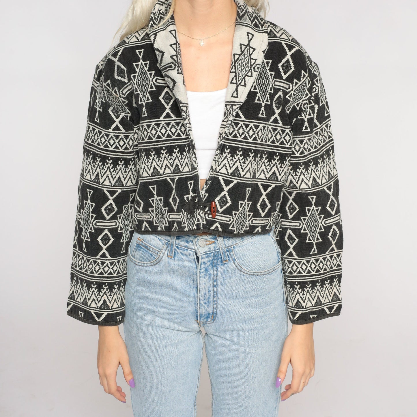 90s Southwest Tapestry Blazer Black Off-White Cropped Button Jacket Medium
