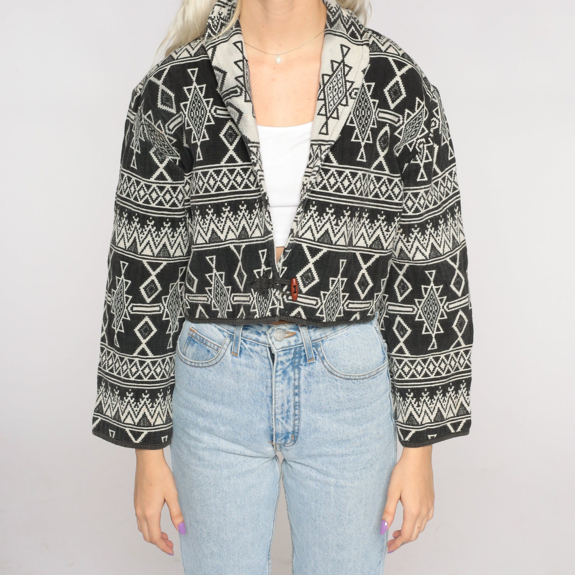 90s Southwest Tapestry Blazer Black Off-White Cropped Button Jacket Medium