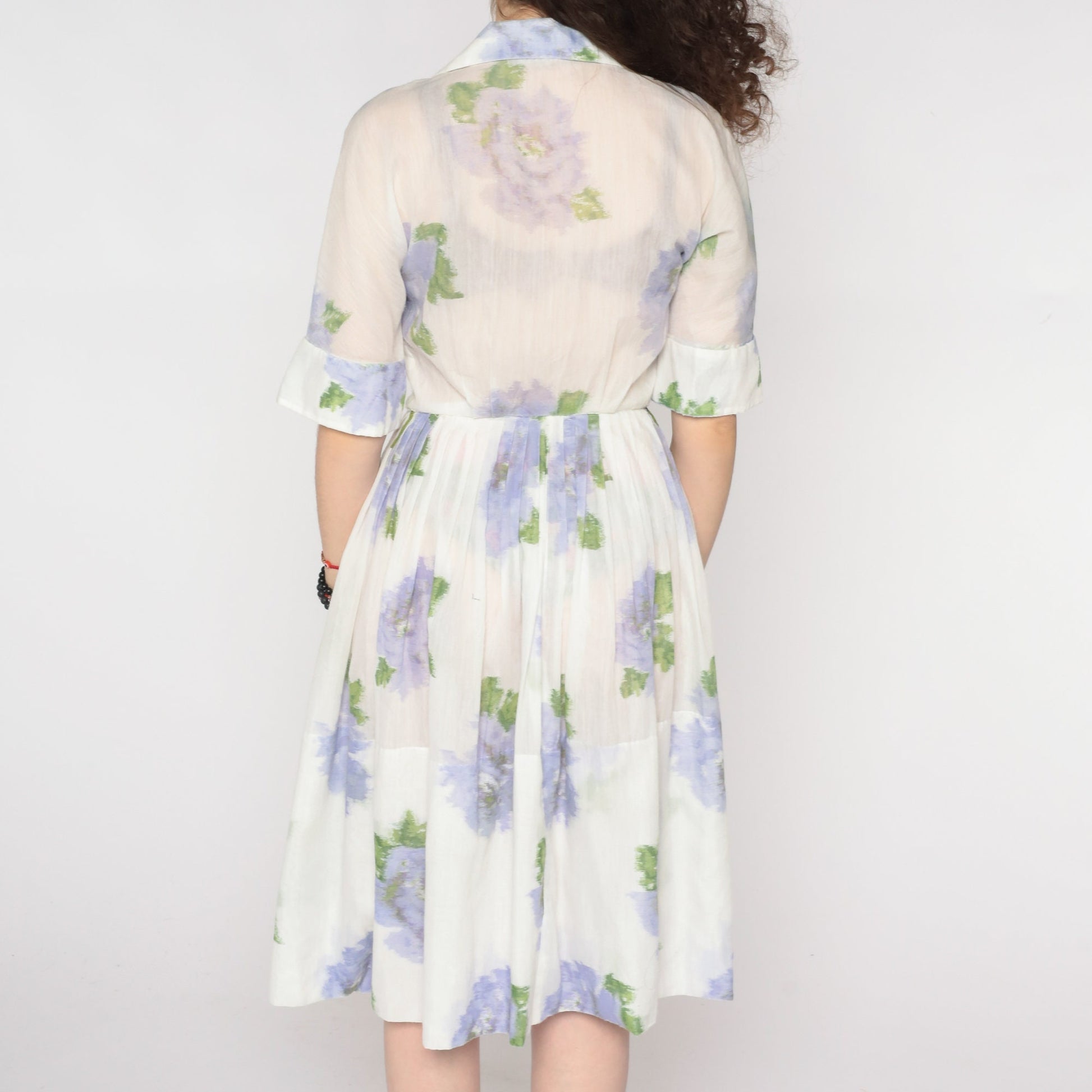 60s Floral Shirtwaist Dress White Lavender Button-Up Midi Small