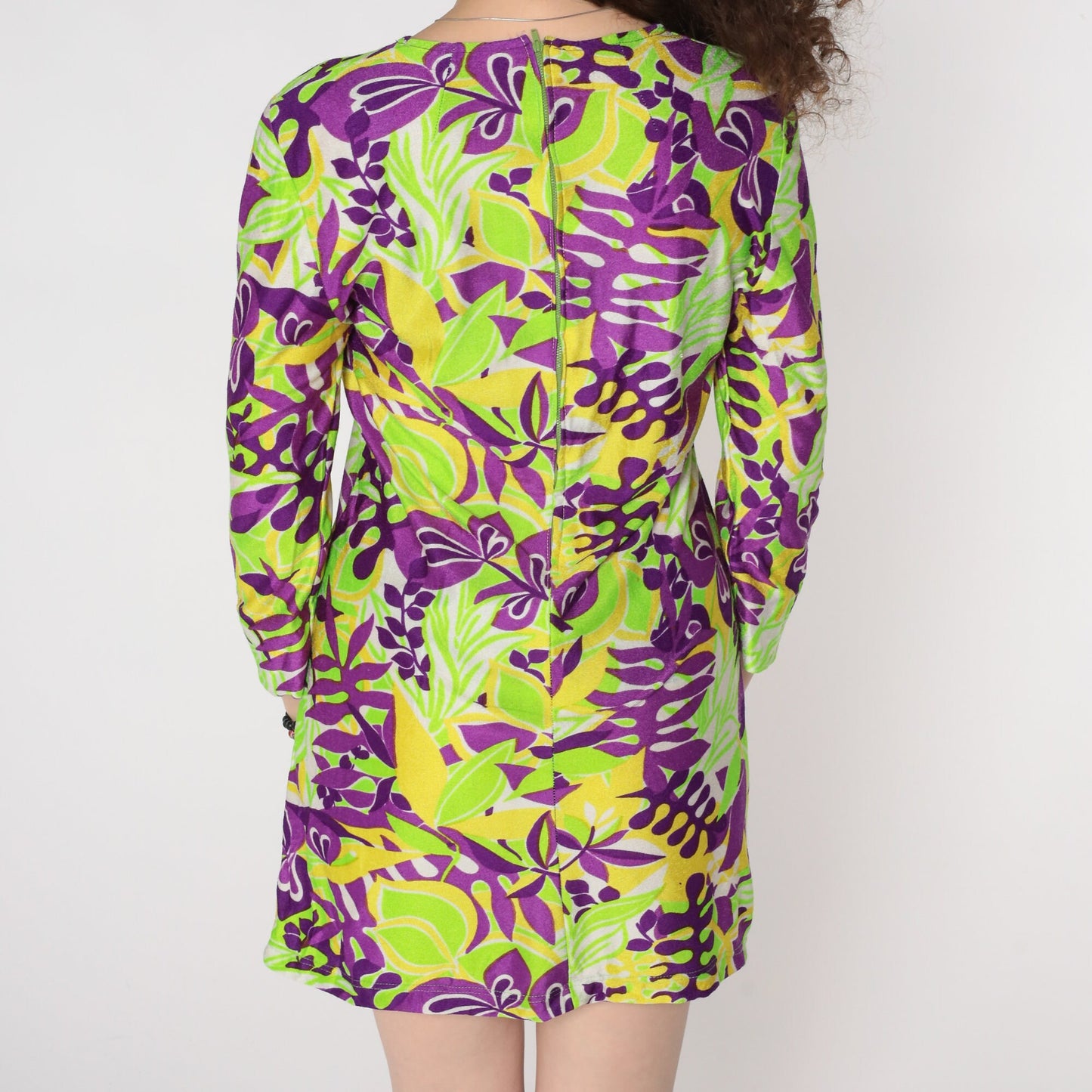 60s Psychedelic Leaf Print Mini Dress Long Sleeve Shift Green Purple Small