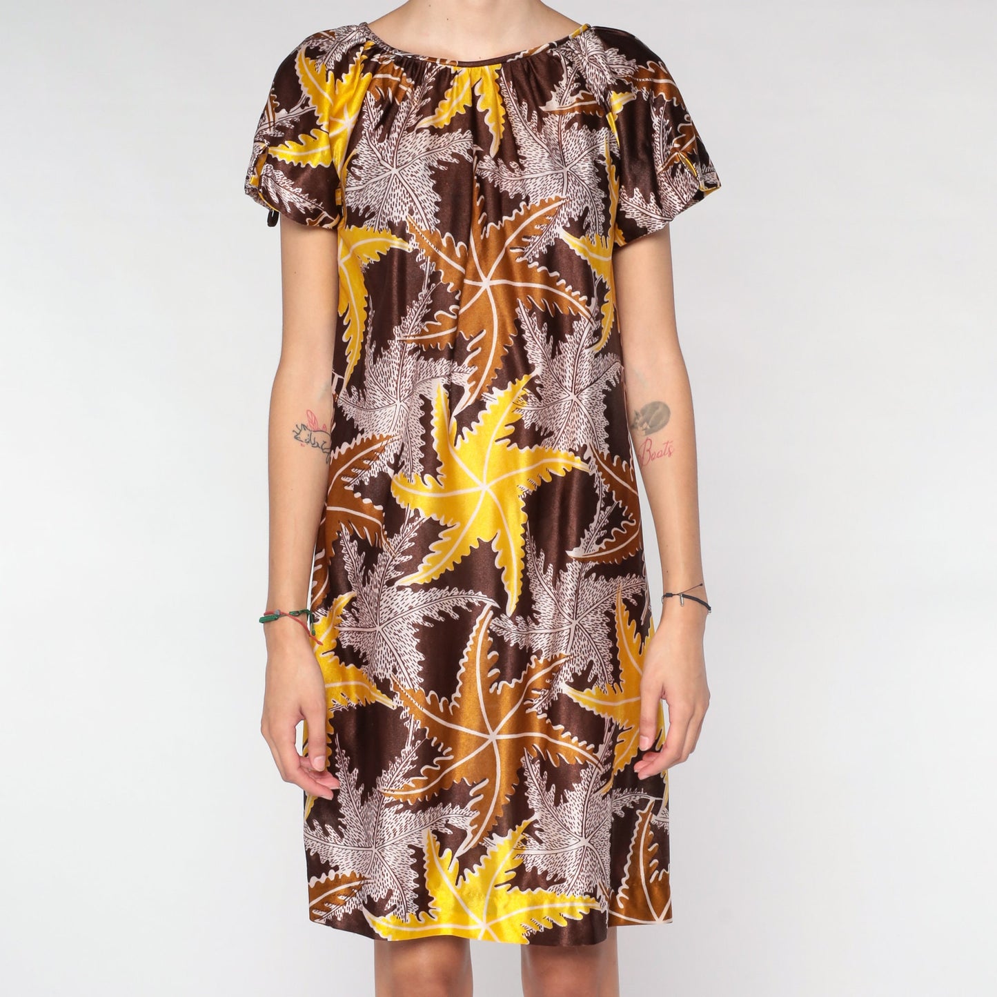 70s Leaf Print Mini Dress Brown Tent Cut Short Sleeve Small