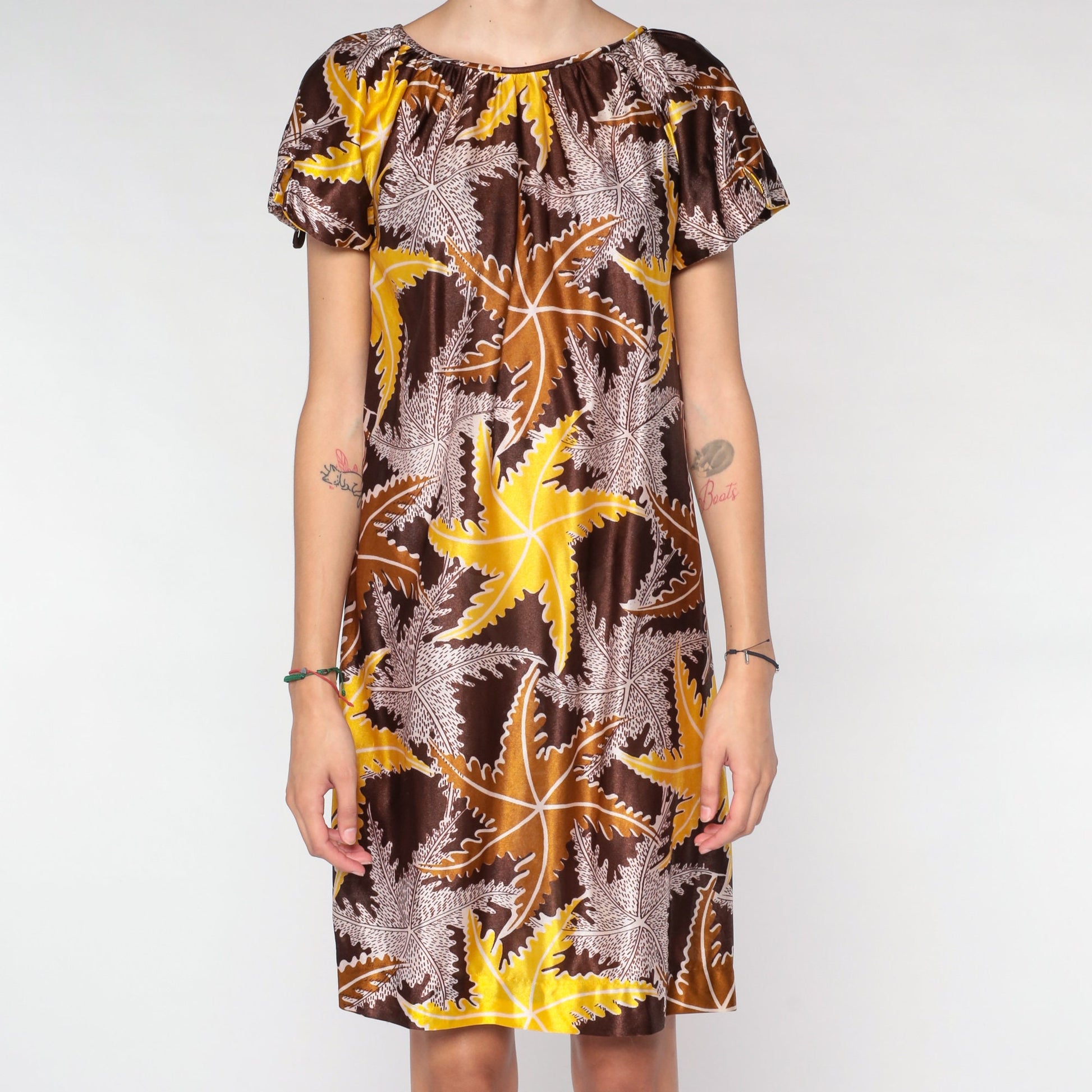 70s Leaf Print Mini Dress Brown Tent Cut Short Sleeve Small