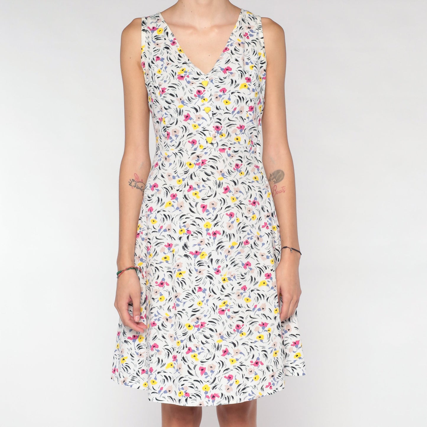 70s White Floral Mini Dress Sleeveless Button-Up A-Line V-Neck Extra Small