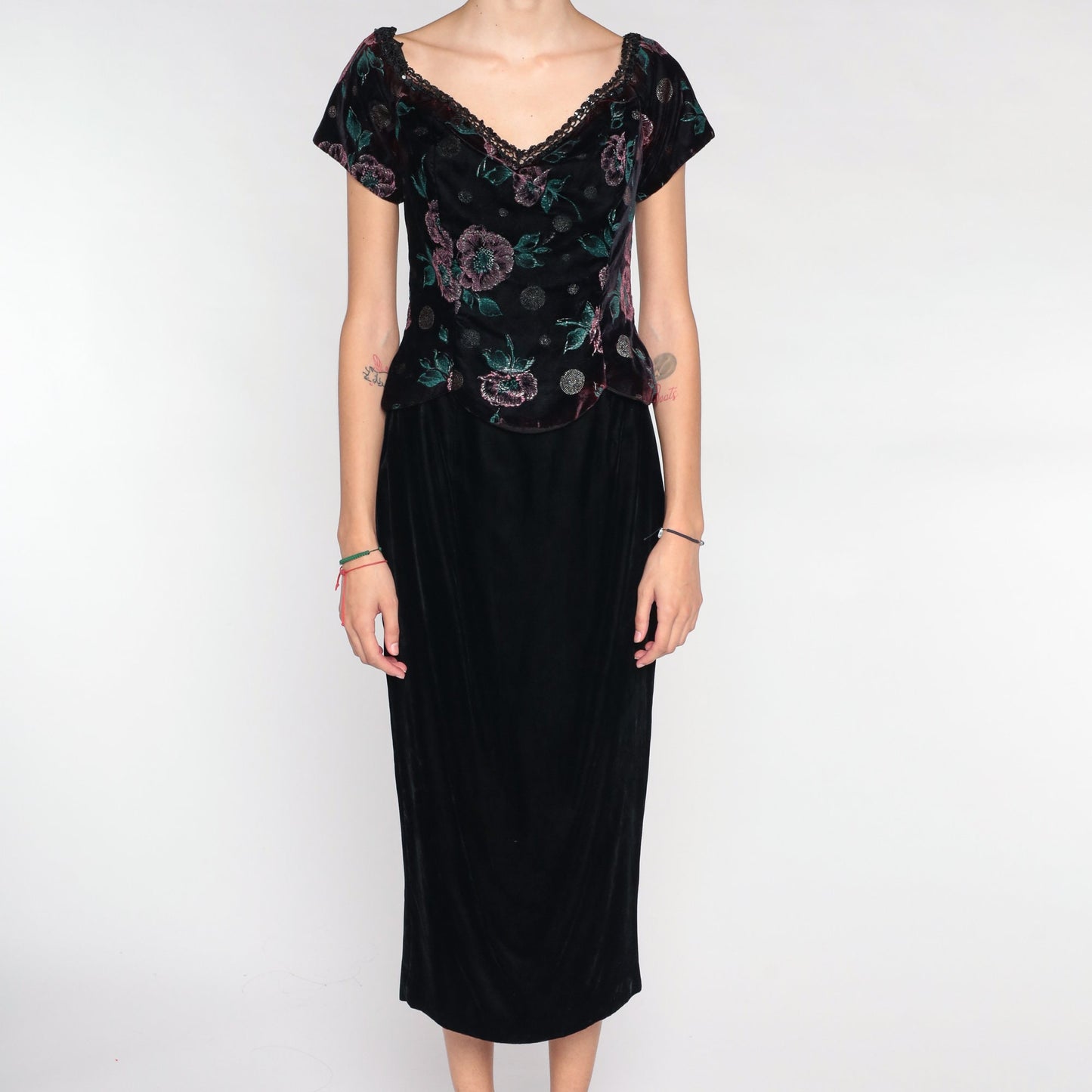 90s Scott McClintock Velvet Midi Dress Floral Bodice Wine Black Small S