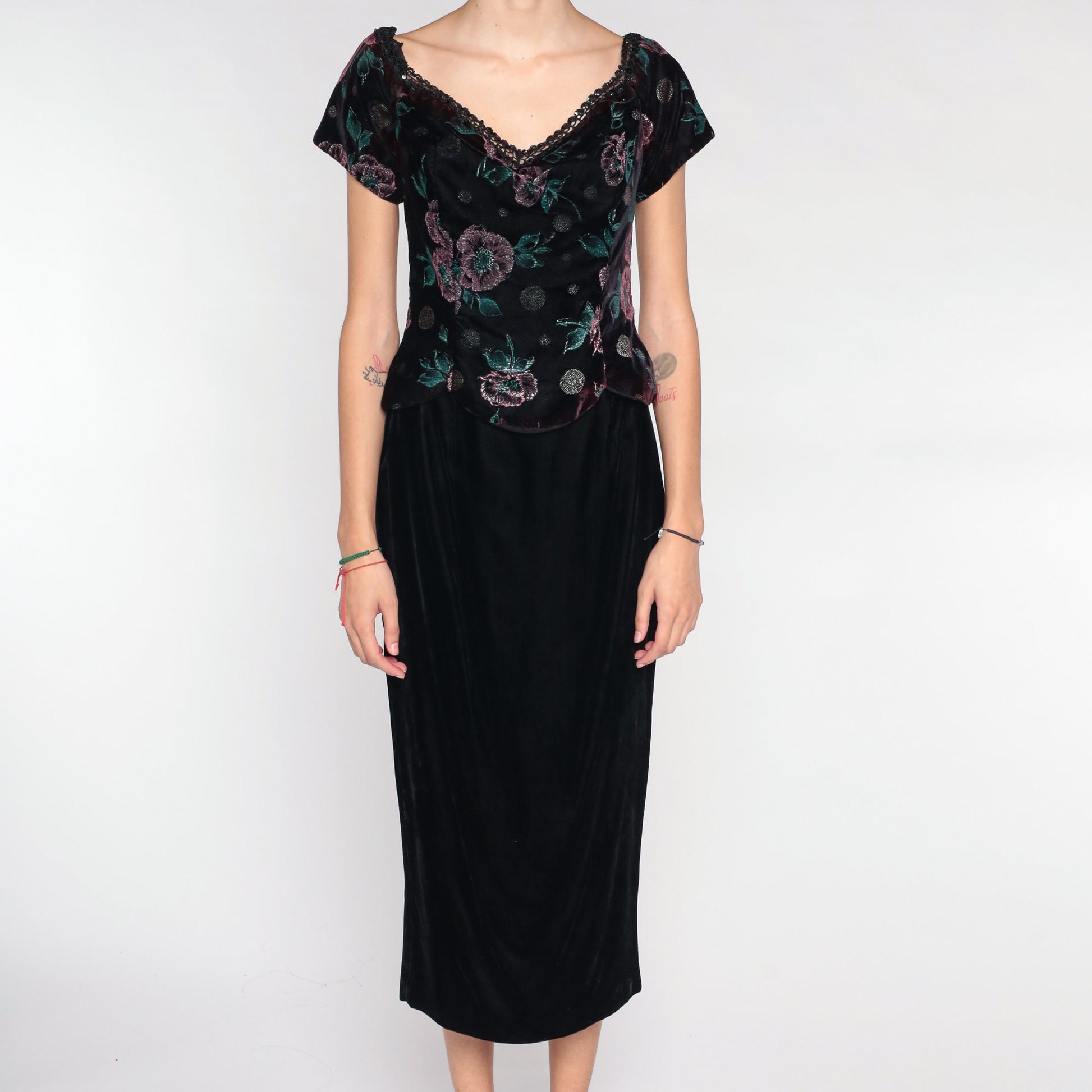 90s Scott McClintock Velvet Midi Dress Floral Bodice Wine Black Small S