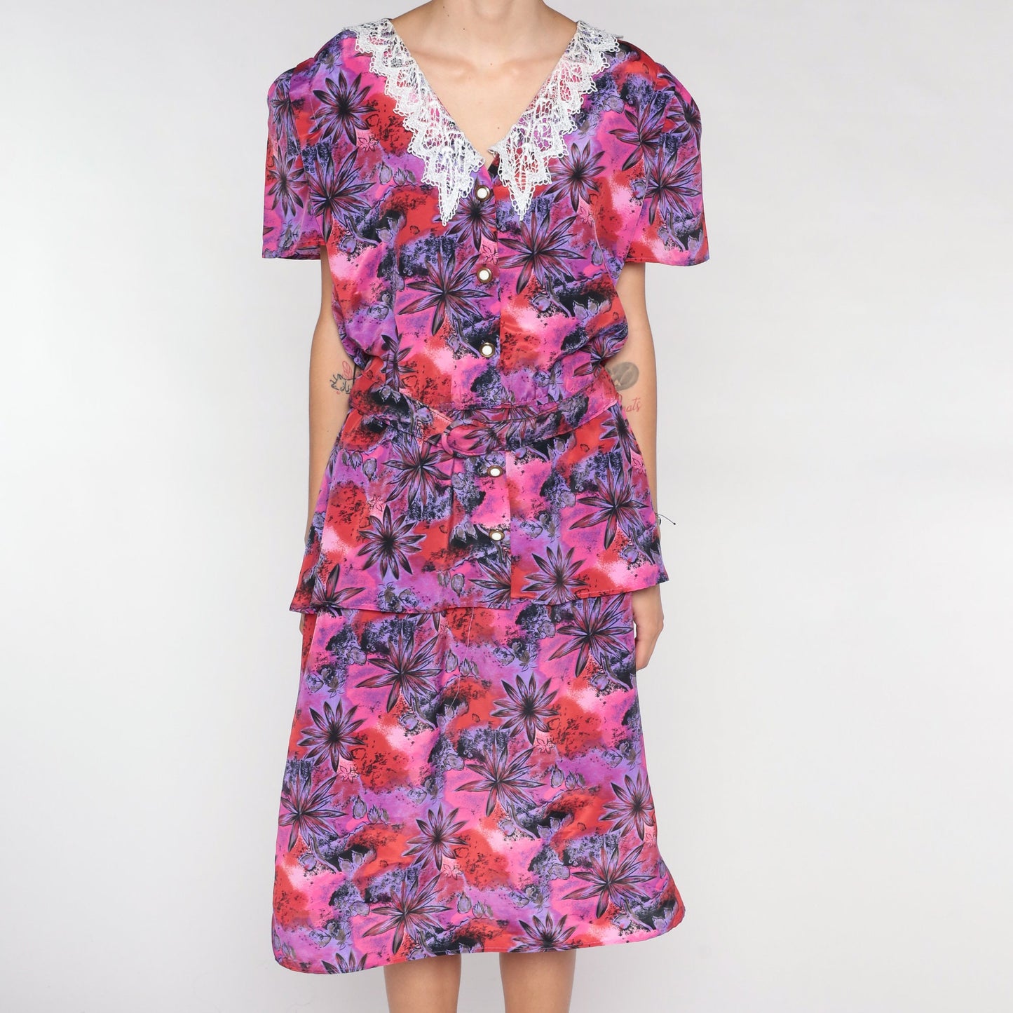 80s Floral Midi Dress Pink Purple Lace Collar Peplum Button-Up Medium