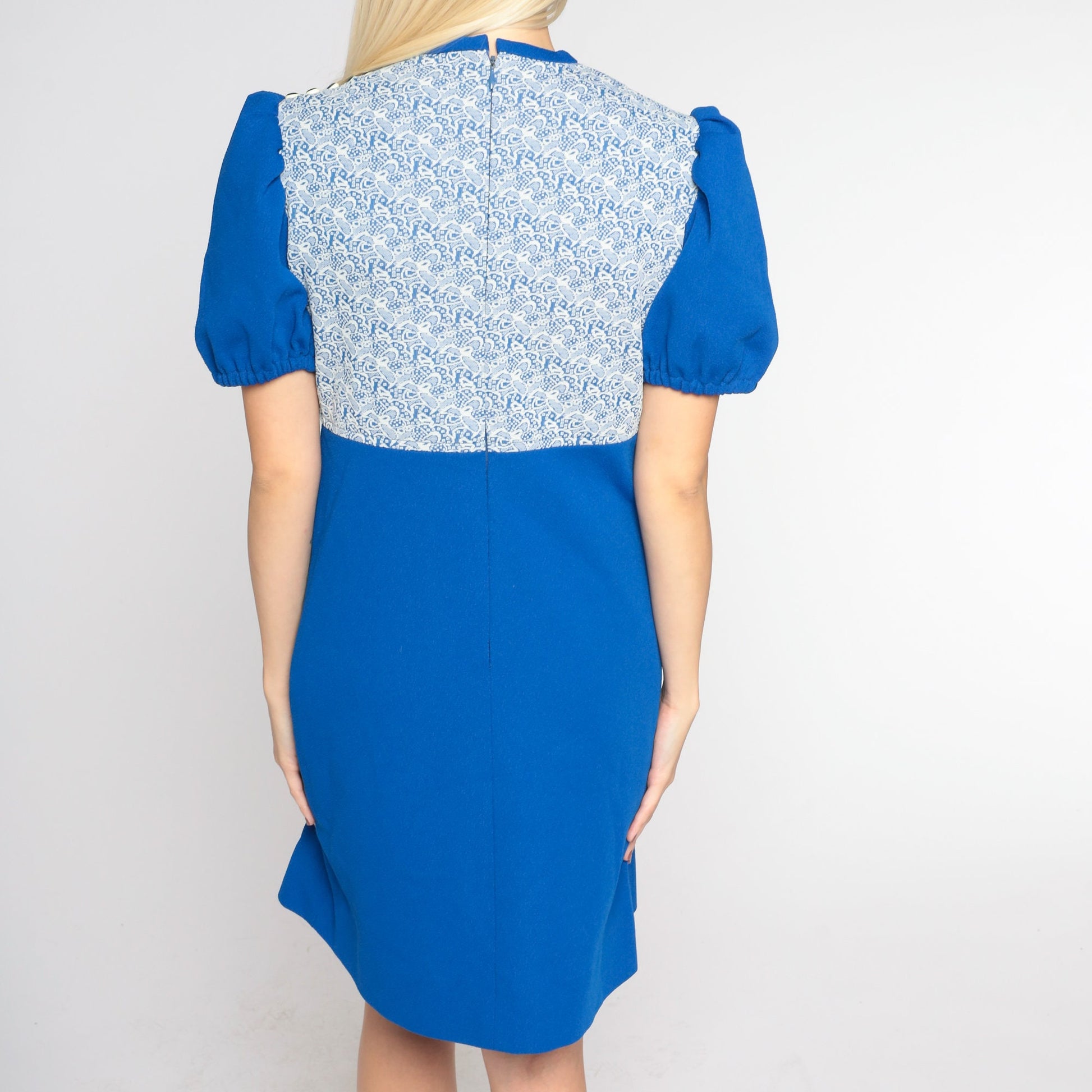 70s Blue Babydoll Dress Puff Sleeve Mini Lace Overlay High Waist Small