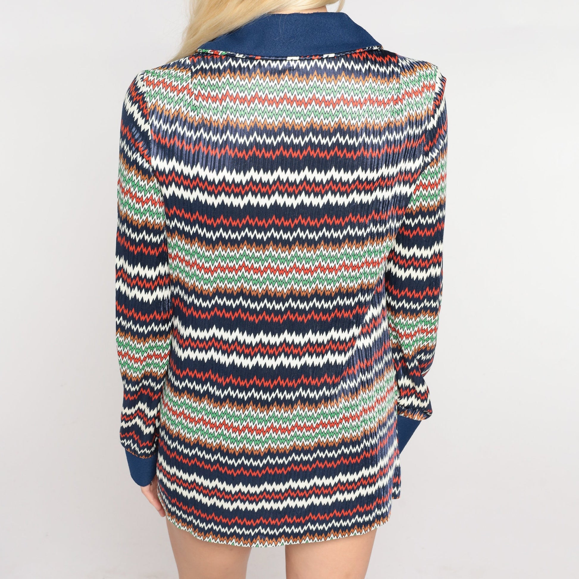 70s Navy Zig Zag Striped Button Up Blouse Peter Pan Collar Long Sleeve Small