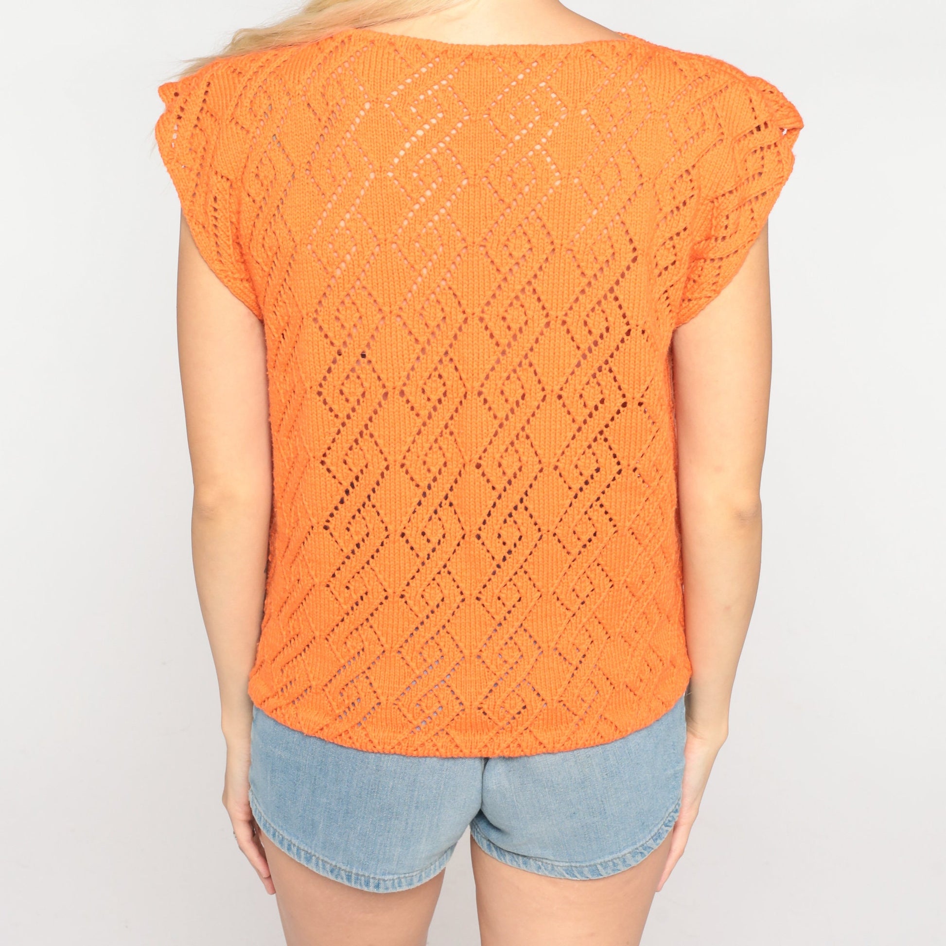 70s Orange Pointelle Knit Top Cap Sleeve Cutout Blouse Medium M