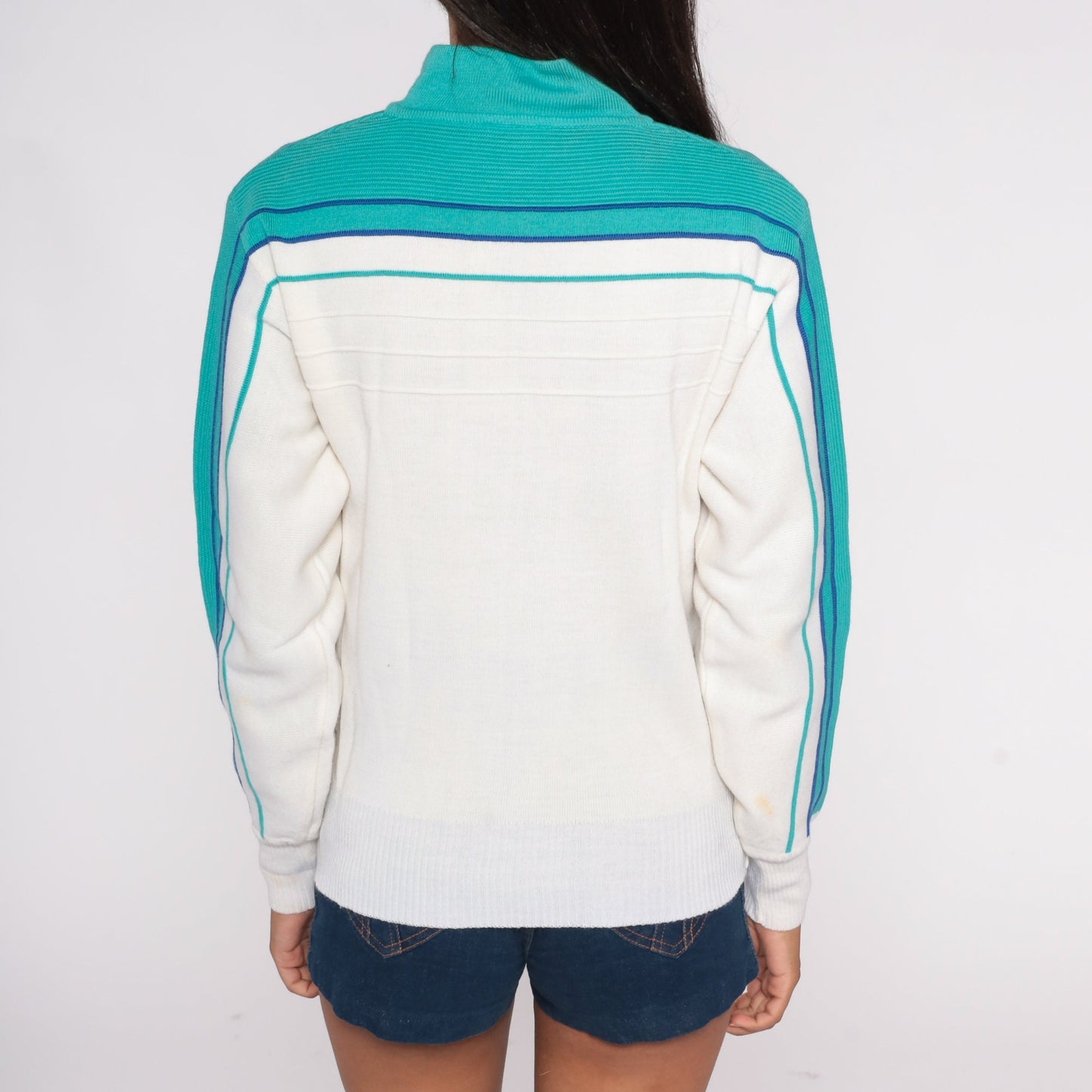 80s Meister Quarter Zip Sweater White Wool Blend Striped Knit Small S