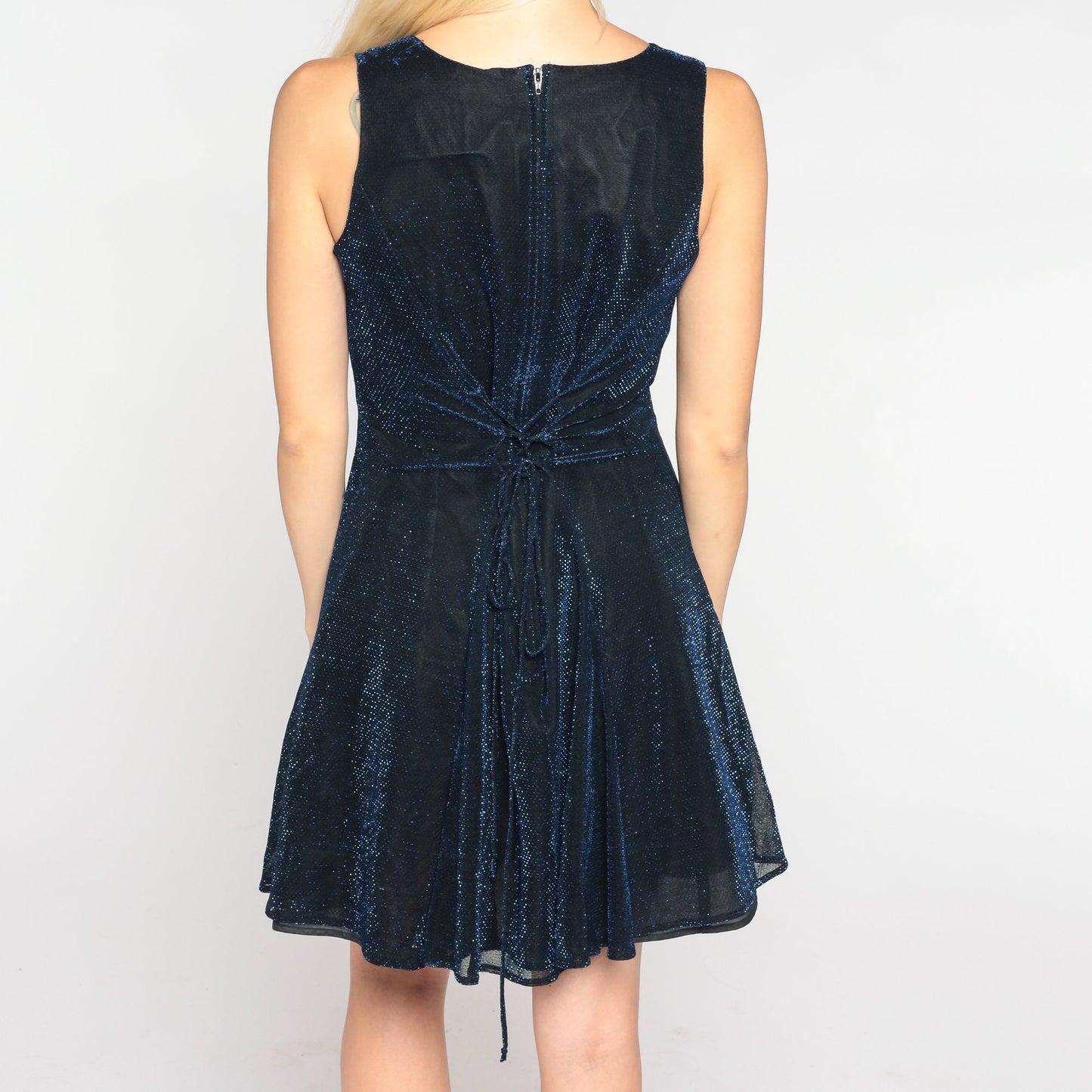 90s Metallic Blue Mini Dress Sleeveless Skater Cut Lace-Up Back Small S