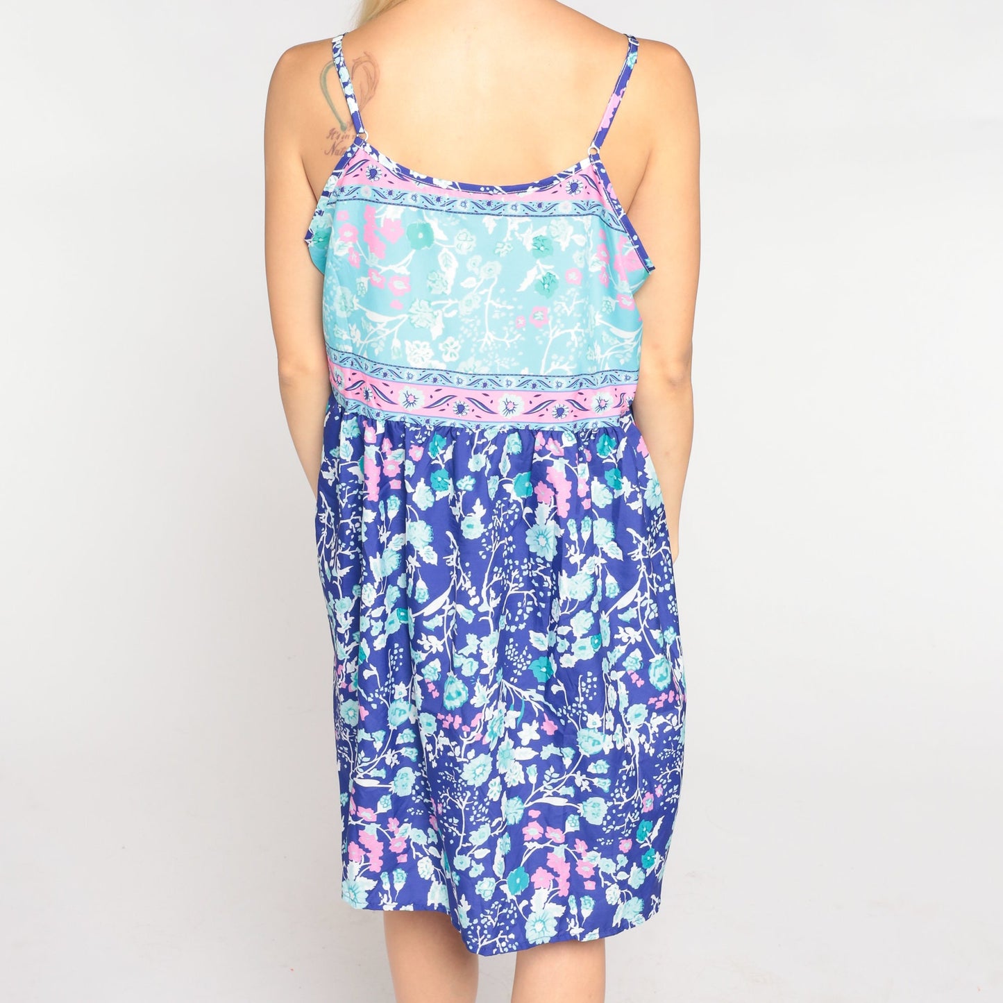 Y2K Blue Floral Mini Dress Sleeveless High Waist Spaghetti Strap Large L