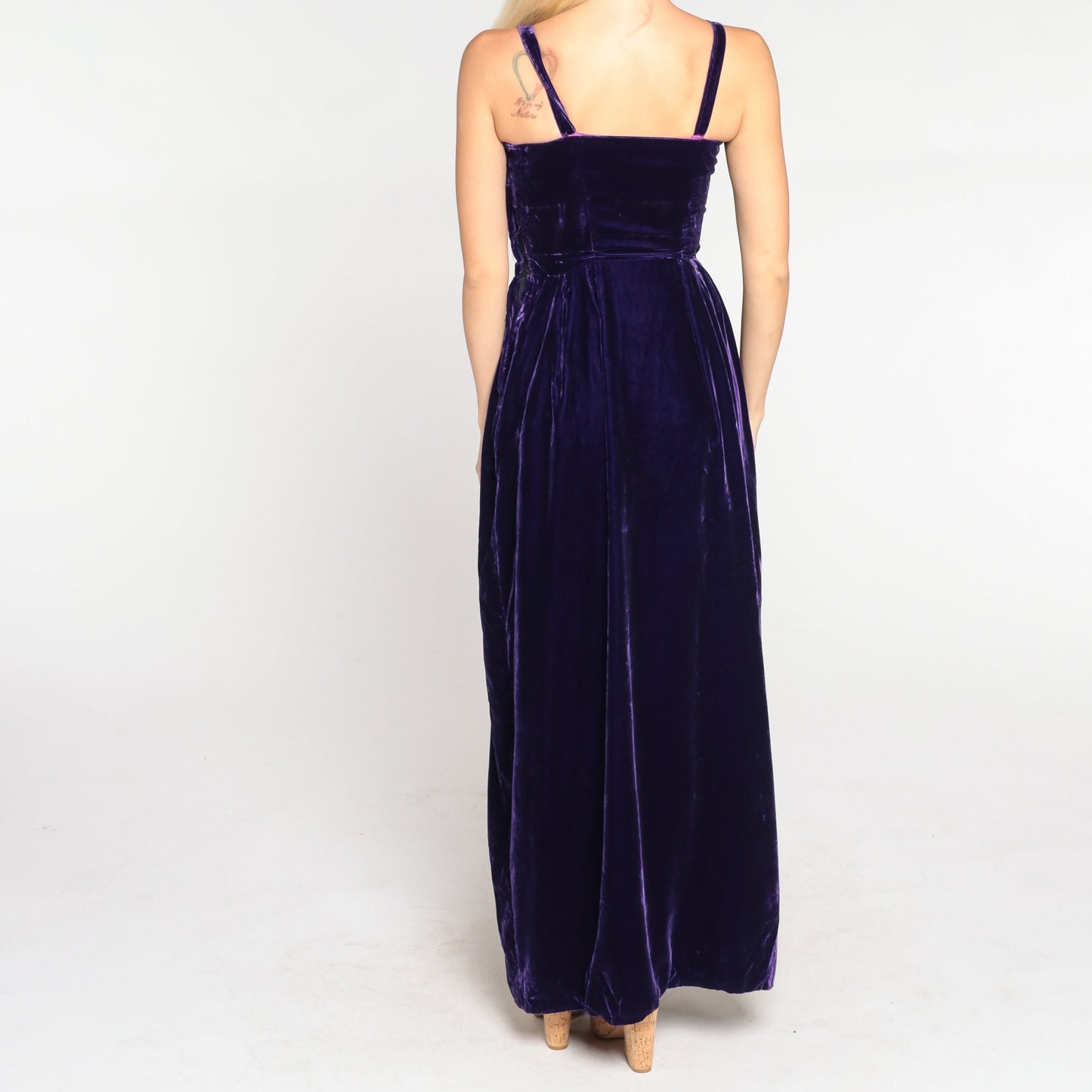 70s Dark Purple Velvet Maxi Dress Sleeveless High Waist Gown Extra Small