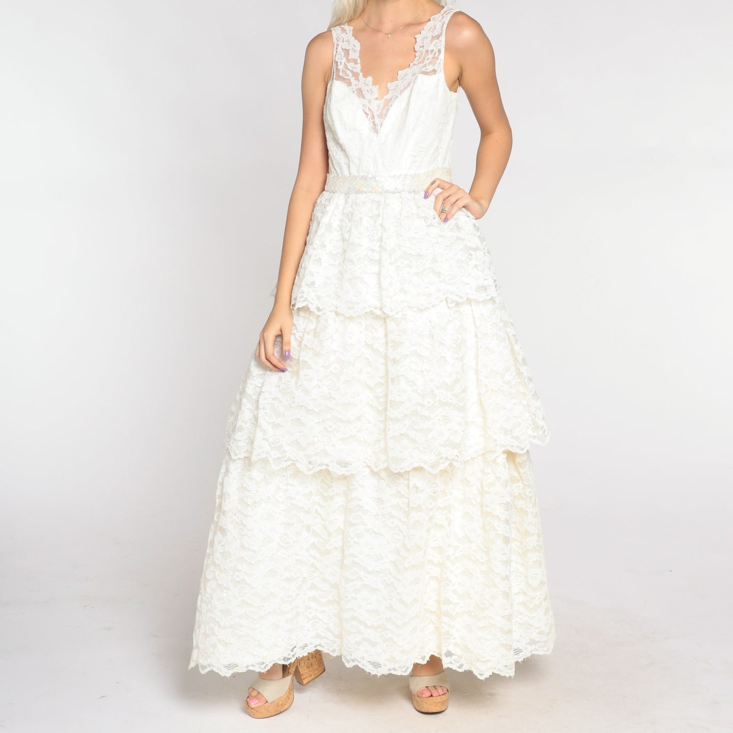 60s White Lace Wedding Dress Maxi Sweetheart Neckline Sequin Waist Extra Small
