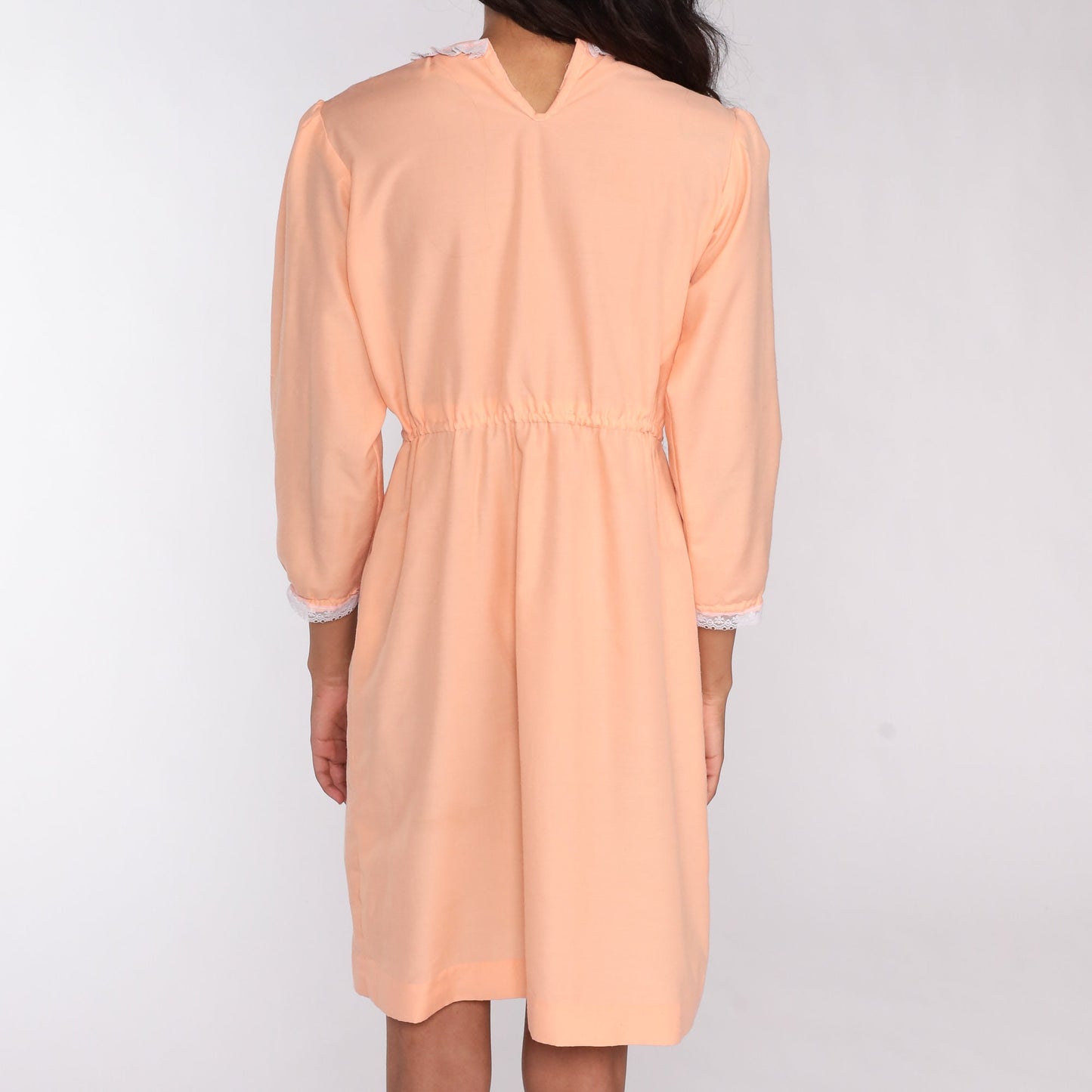 70s Peach Lace Mini Dress Puff Sleeve High Waist Medium