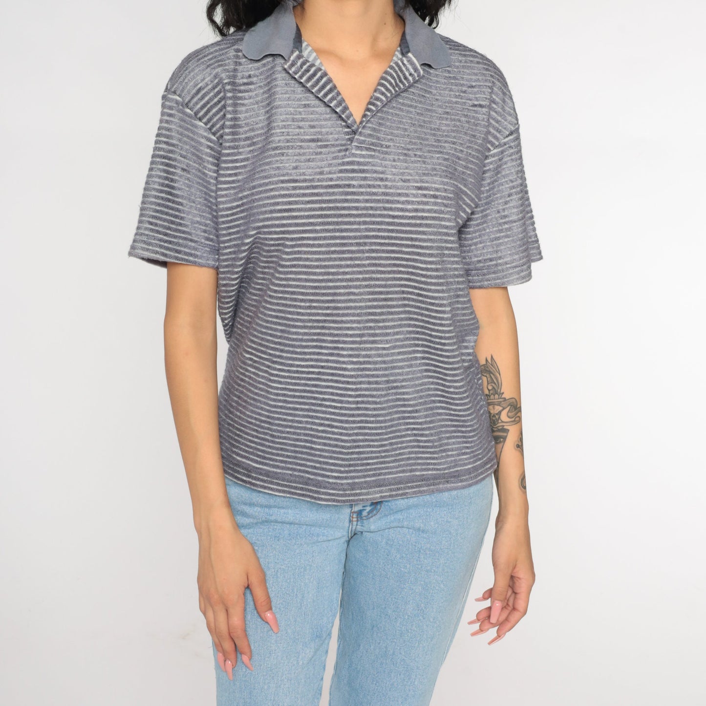 90s Grey Striped Terry Cloth Polo Shirt Half Button Collared Medium M